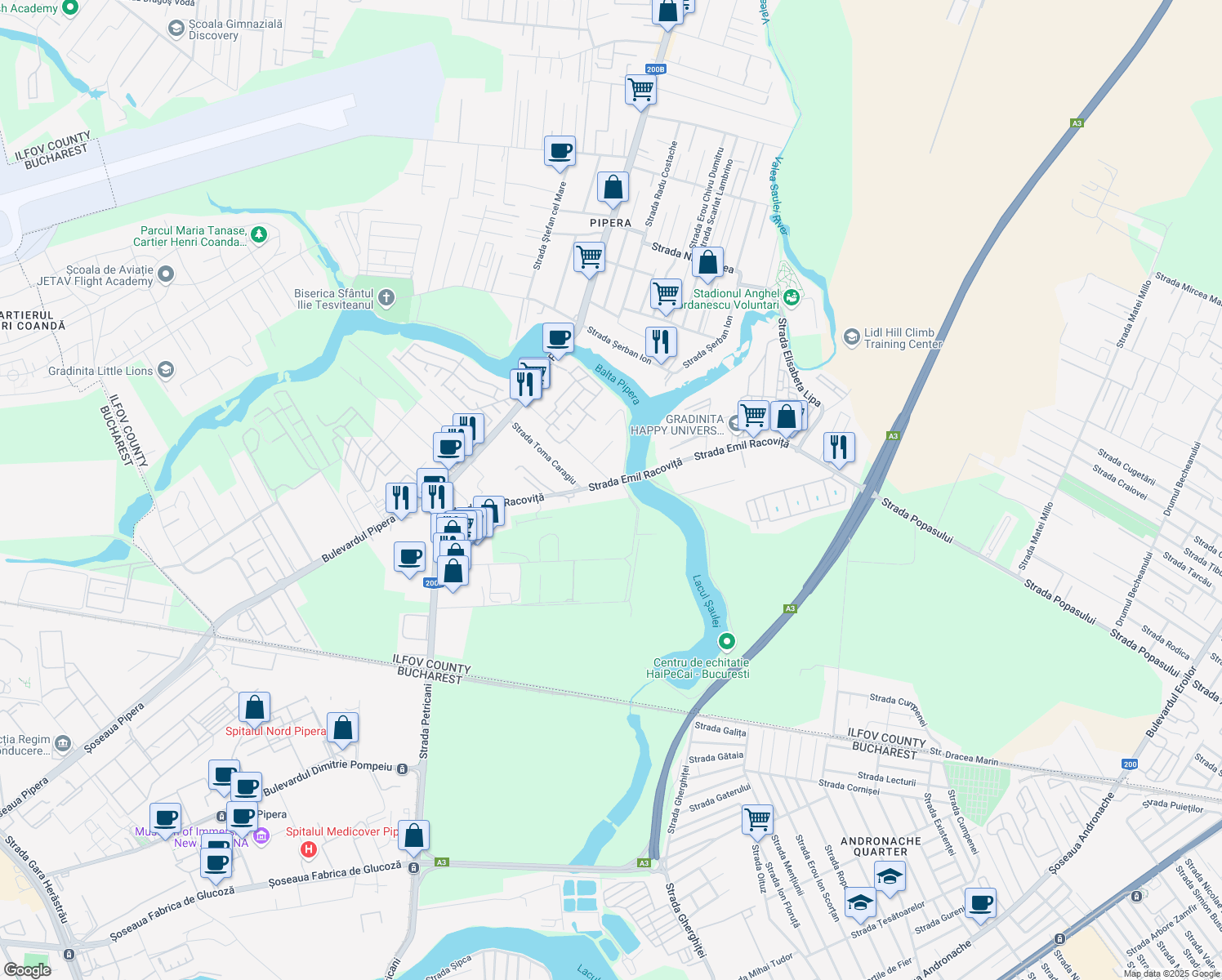 map of restaurants, bars, coffee shops, grocery stores, and more near 46 Strada Emil Racoviță in Voluntari