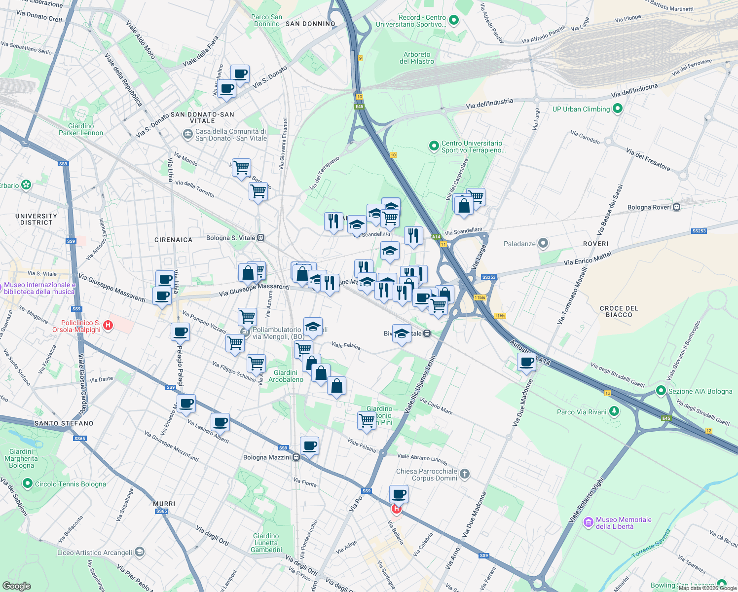 map of restaurants, bars, coffee shops, grocery stores, and more near 20-24 Via Guelfa in Bologna