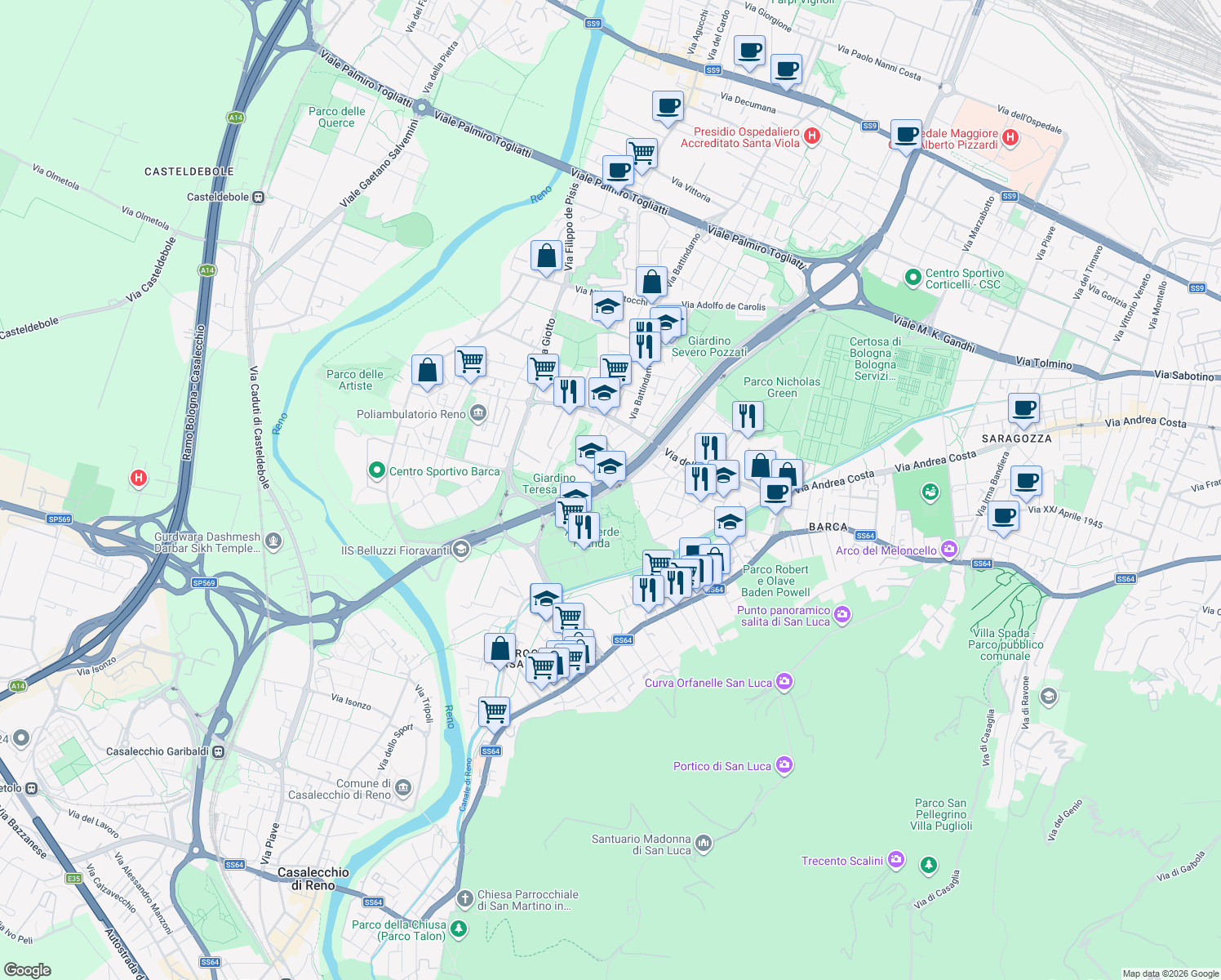 map of restaurants, bars, coffee shops, grocery stores, and more near 28 Via Giuseppe Saragat in Bologna