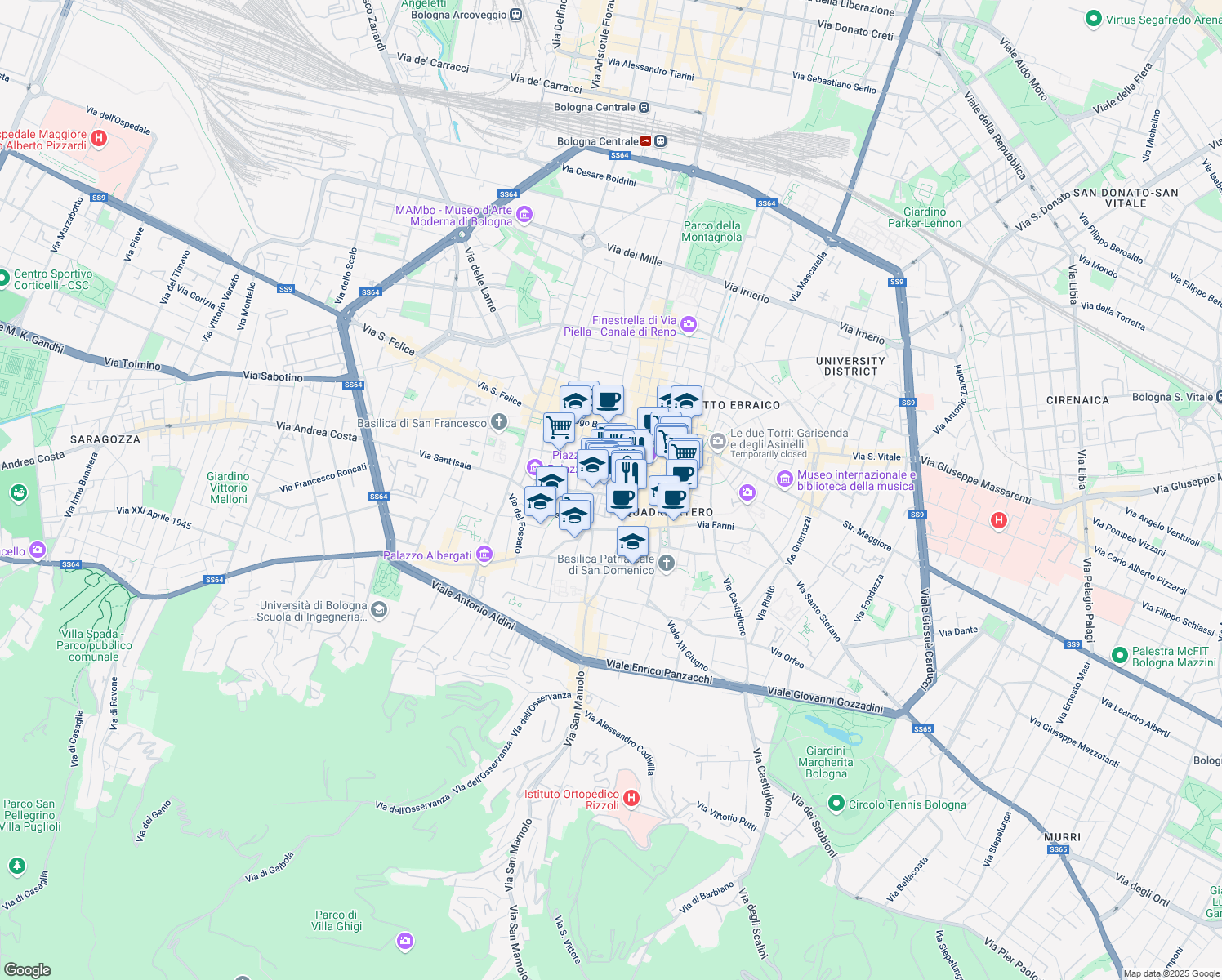 map of restaurants, bars, coffee shops, grocery stores, and more near 4 Via Marescalchi in Bologna