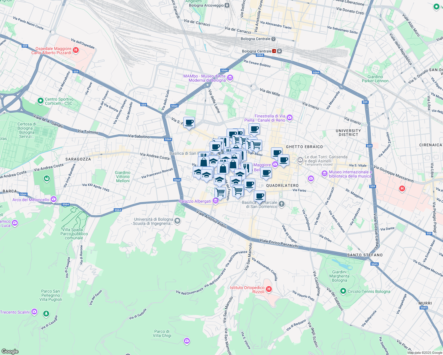 map of restaurants, bars, coffee shops, grocery stores, and more near in Bologna