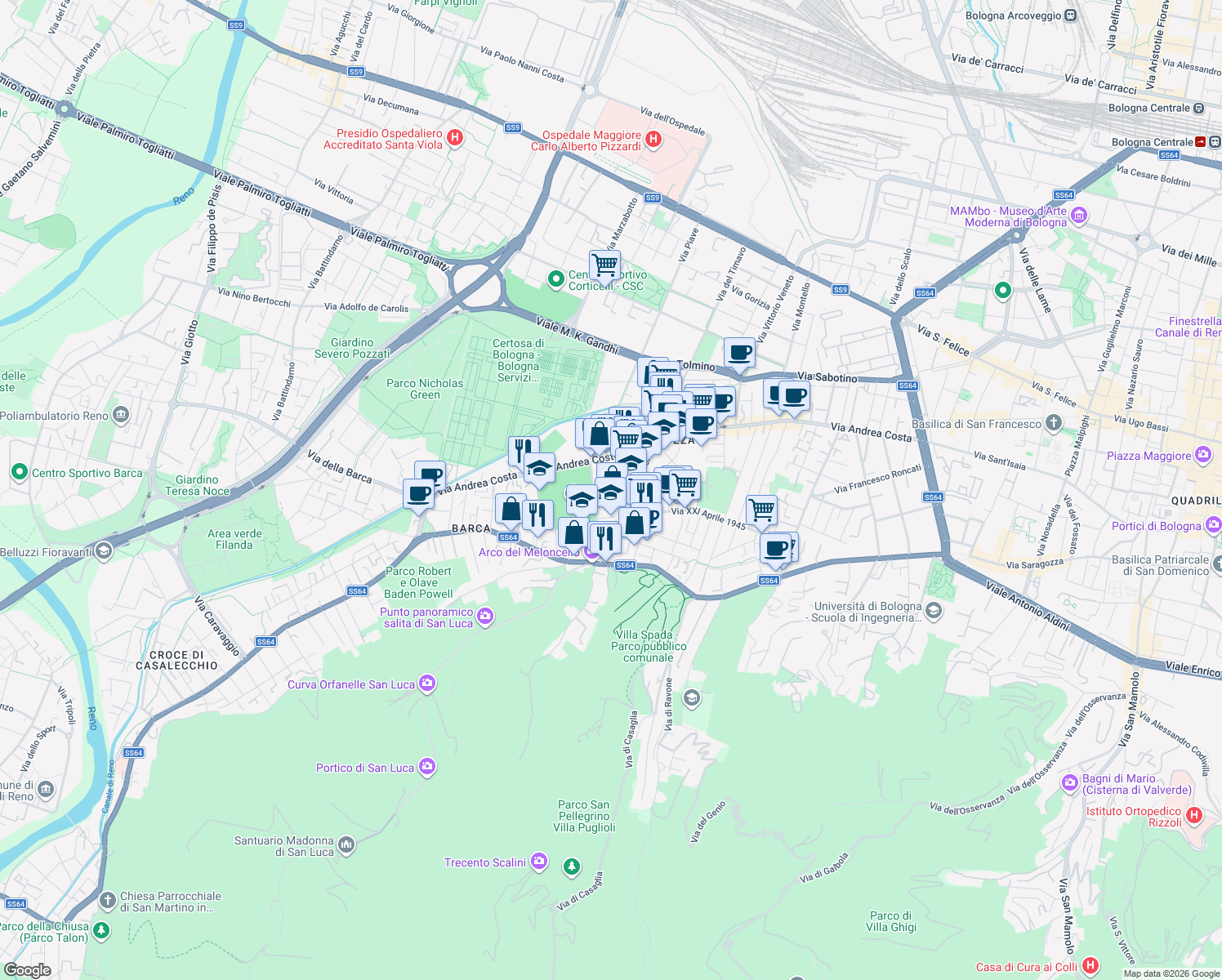 map of restaurants, bars, coffee shops, grocery stores, and more near 4 Piazza della Pace in Bologna