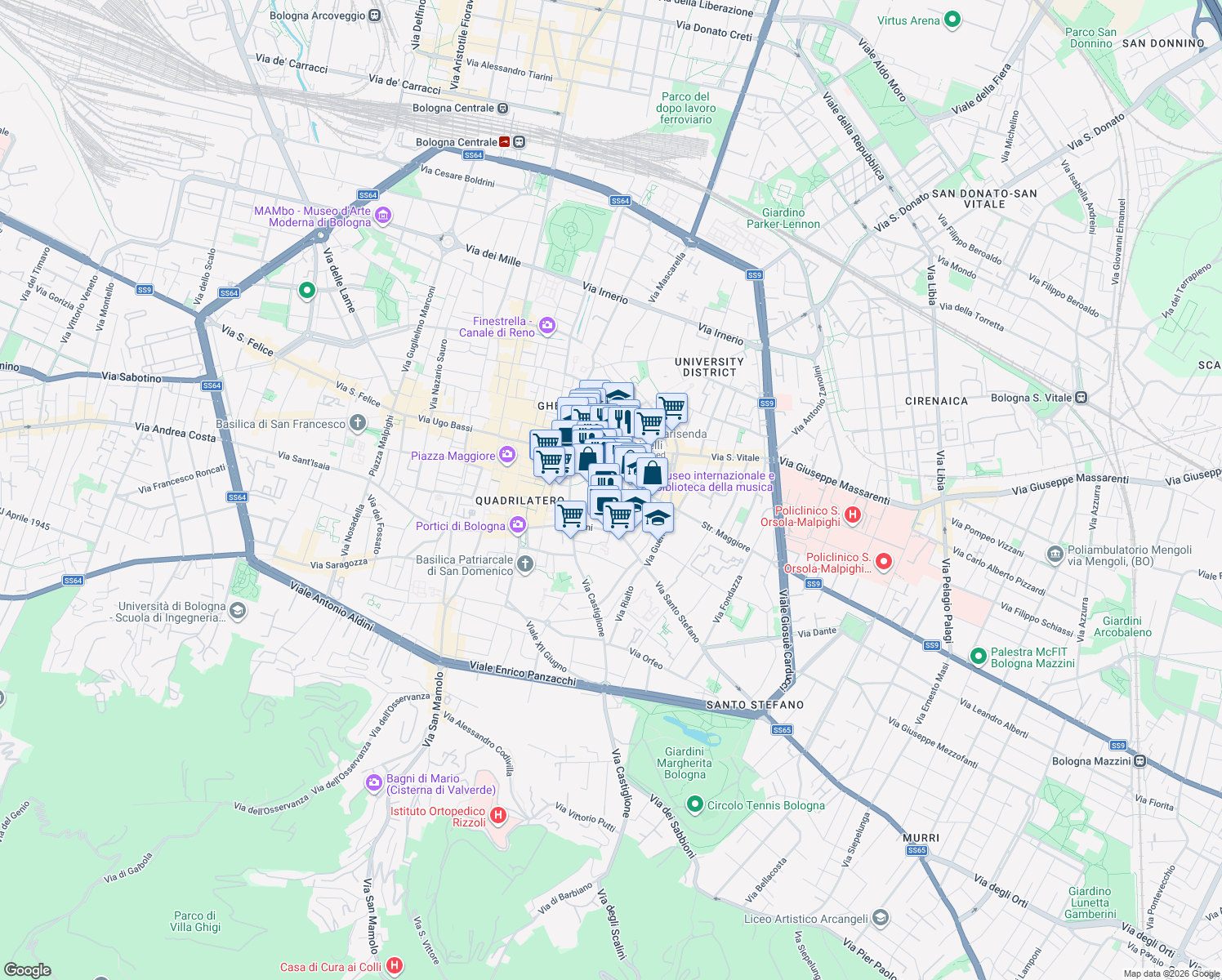 map of restaurants, bars, coffee shops, grocery stores, and more near Corte Isolani in Bologna