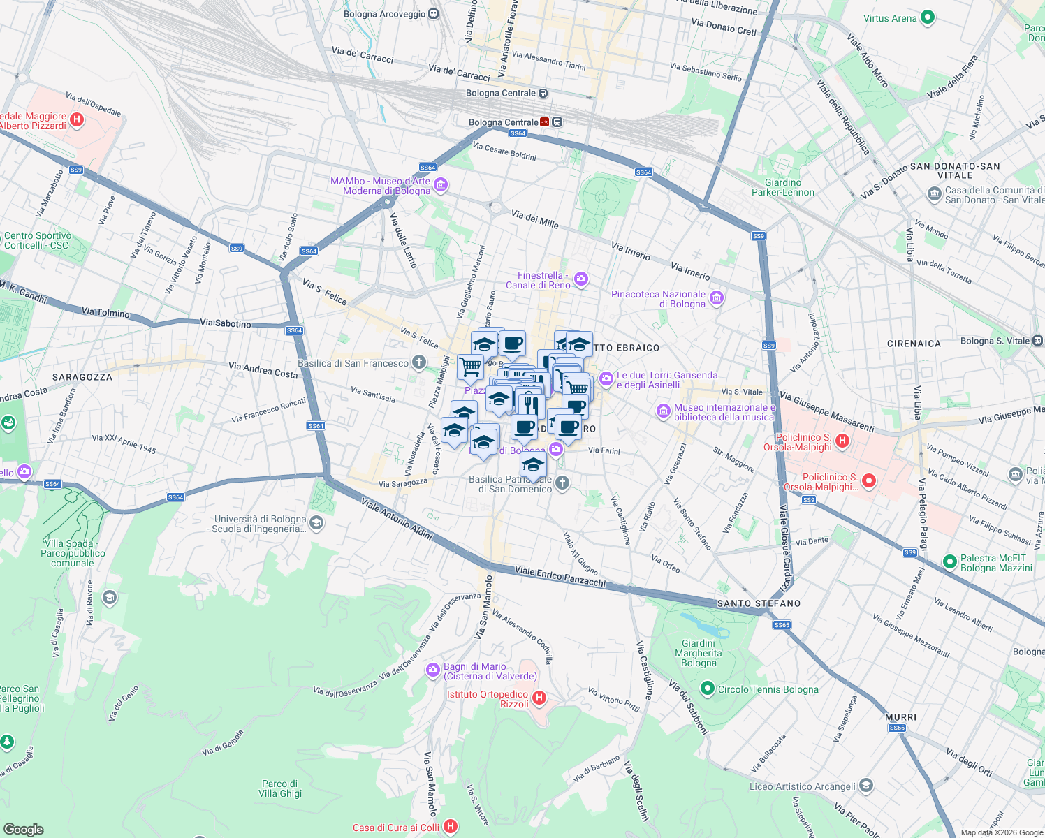 map of restaurants, bars, coffee shops, grocery stores, and more near 4 Via Marescalchi in Bologna