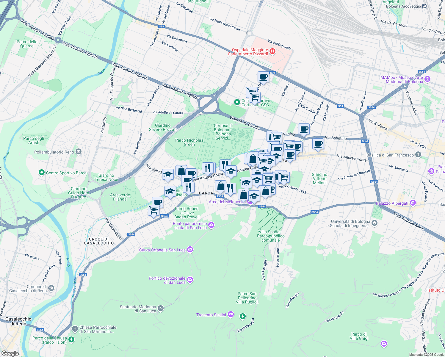 map of restaurants, bars, coffee shops, grocery stores, and more near 198 Via Andrea Costa in Bologna