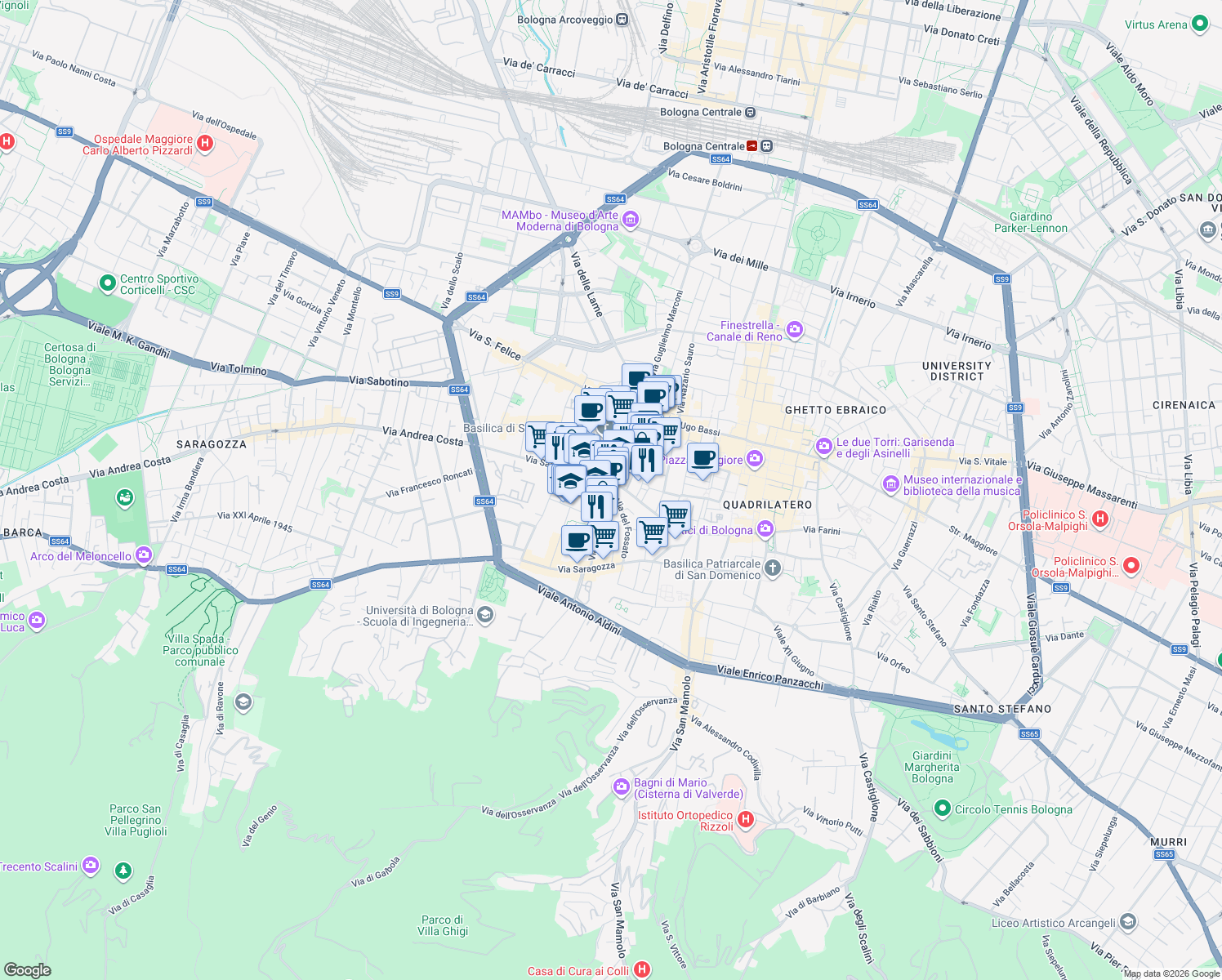 map of restaurants, bars, coffee shops, grocery stores, and more near in Bologna