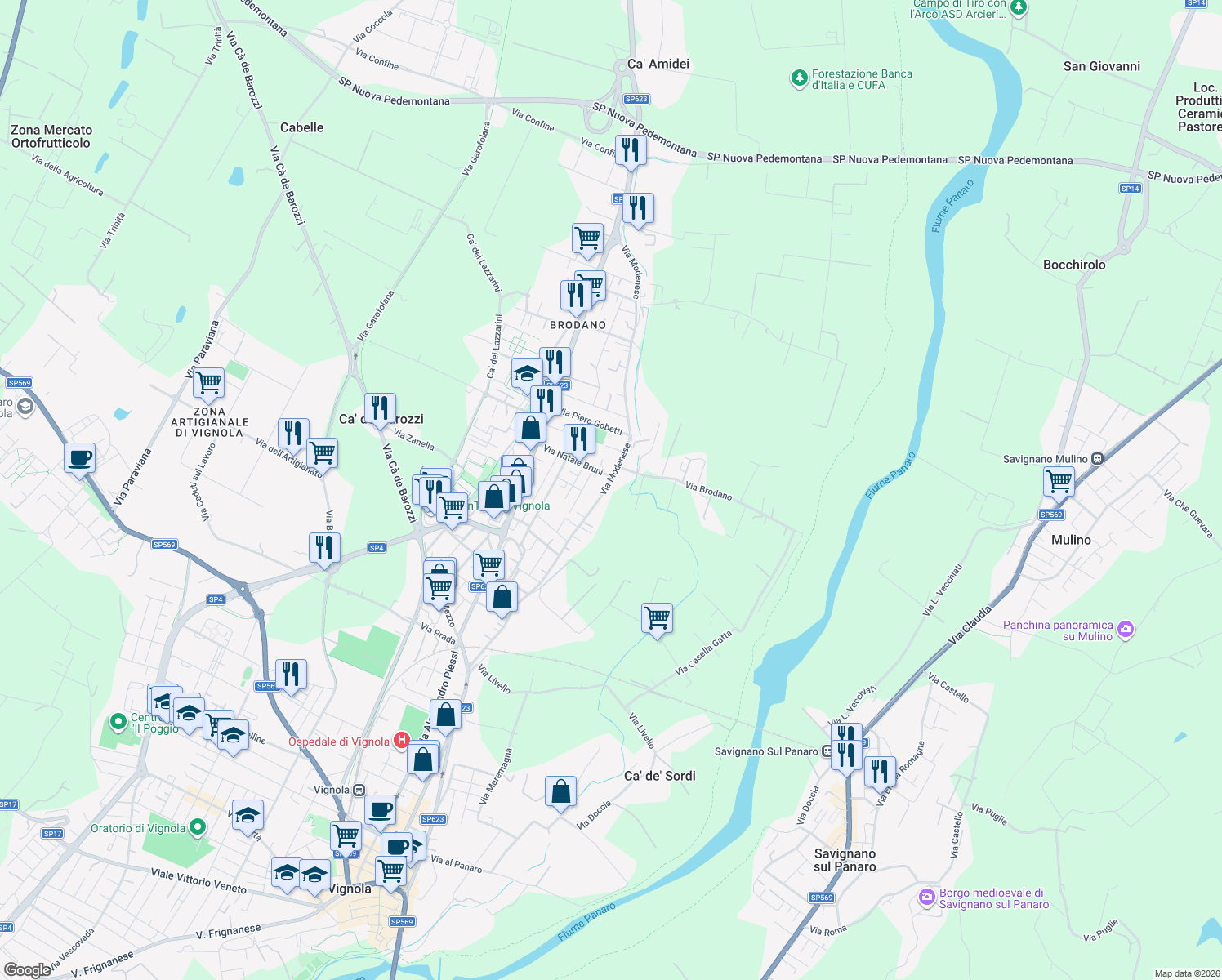 map of restaurants, bars, coffee shops, grocery stores, and more near 1263 Via Modenese in Vignola