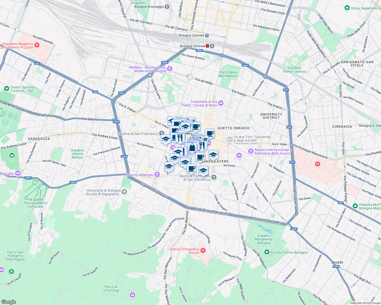 map of restaurants, bars, coffee shops, grocery stores, and more near 6 Piazza Galileo in Bologna