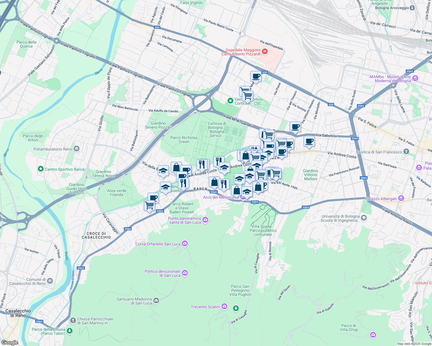 map of restaurants, bars, coffee shops, grocery stores, and more near 198 Via Andrea Costa in Bologna