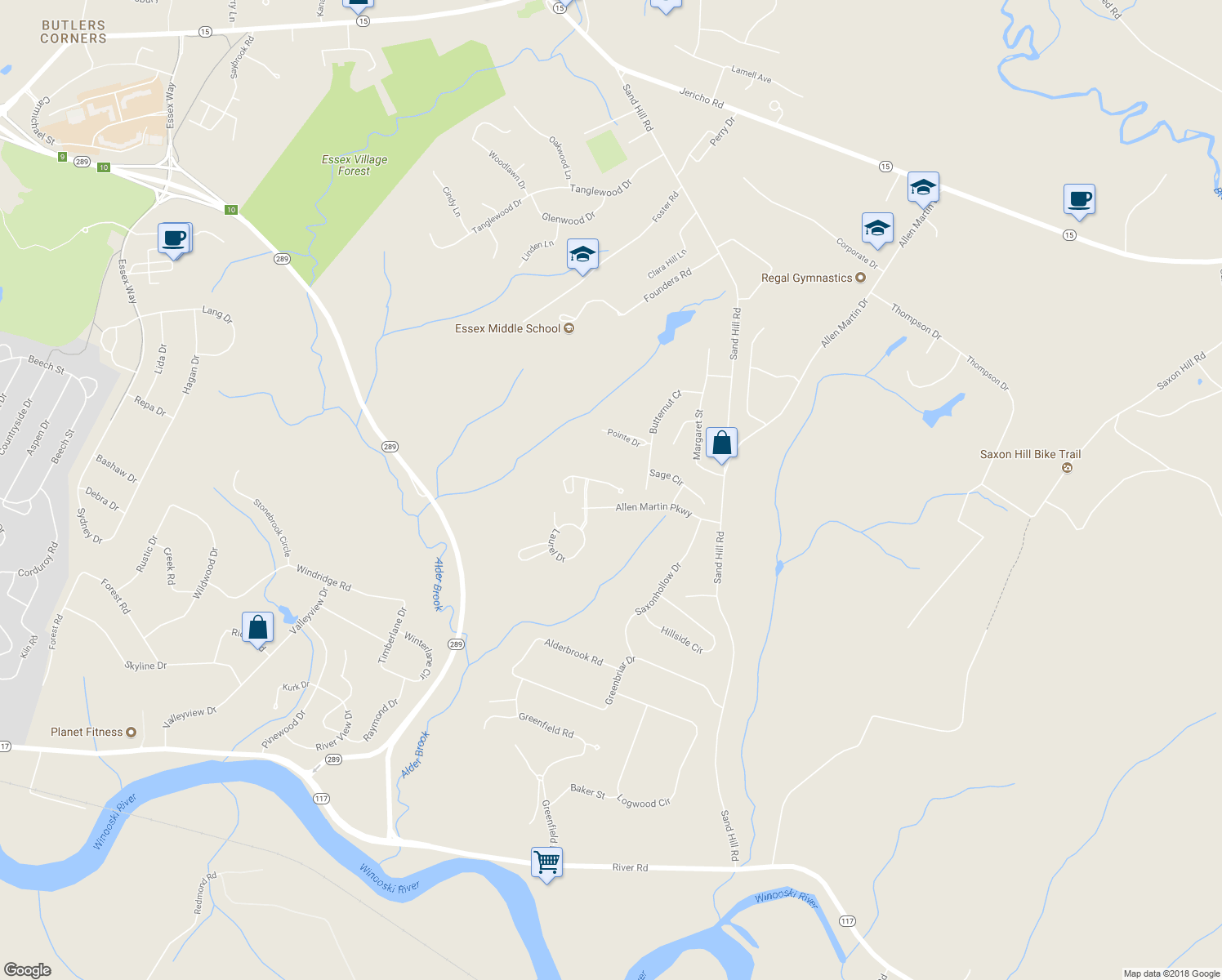 map of restaurants, bars, coffee shops, grocery stores, and more near 67 Partridge Drive in Essex