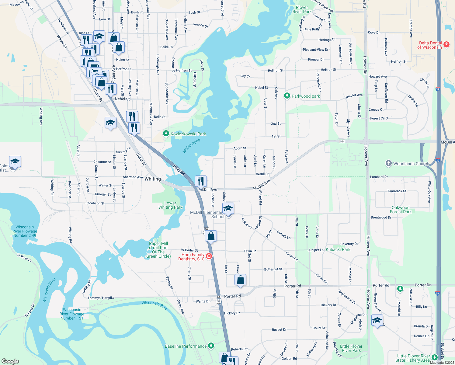map of restaurants, bars, coffee shops, grocery stores, and more near 2108 School Street in Stevens Point