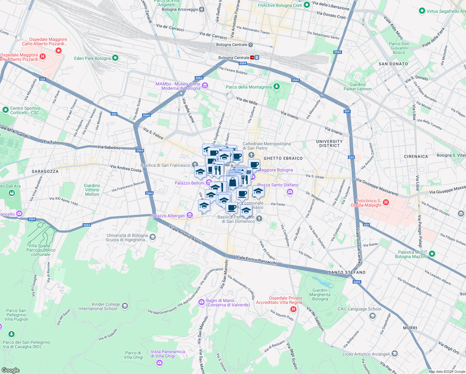 map of restaurants, bars, coffee shops, grocery stores, and more near 6 Piazza Galileo in Bologna