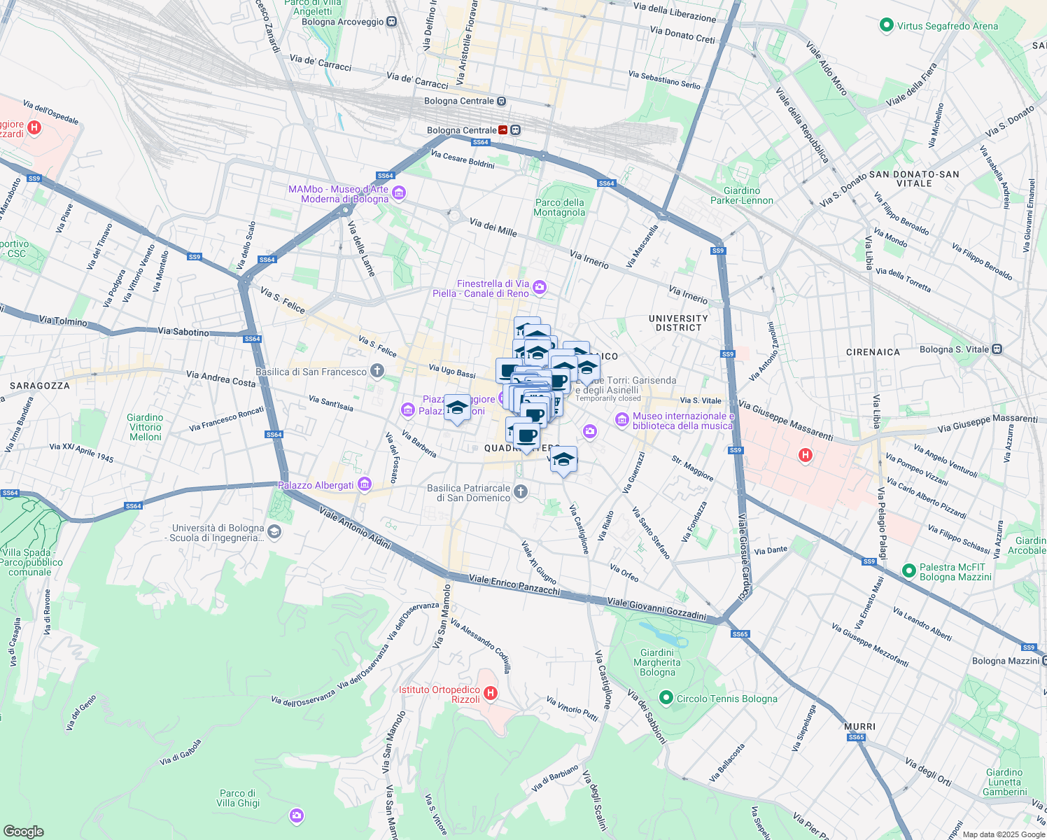 map of restaurants, bars, coffee shops, grocery stores, and more near in Bologna