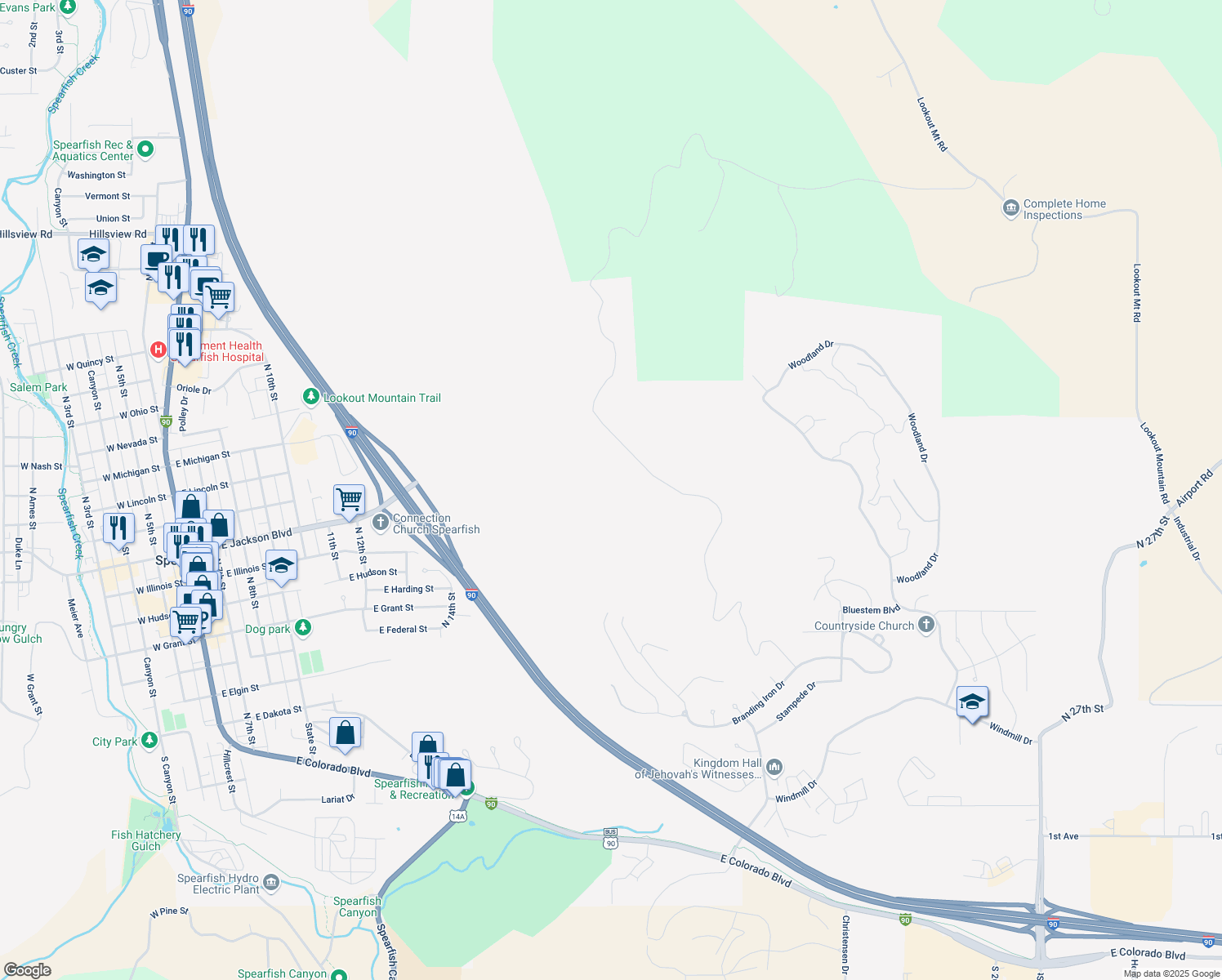 map of restaurants, bars, coffee shops, grocery stores, and more near Unnamed Road in Spearfish
