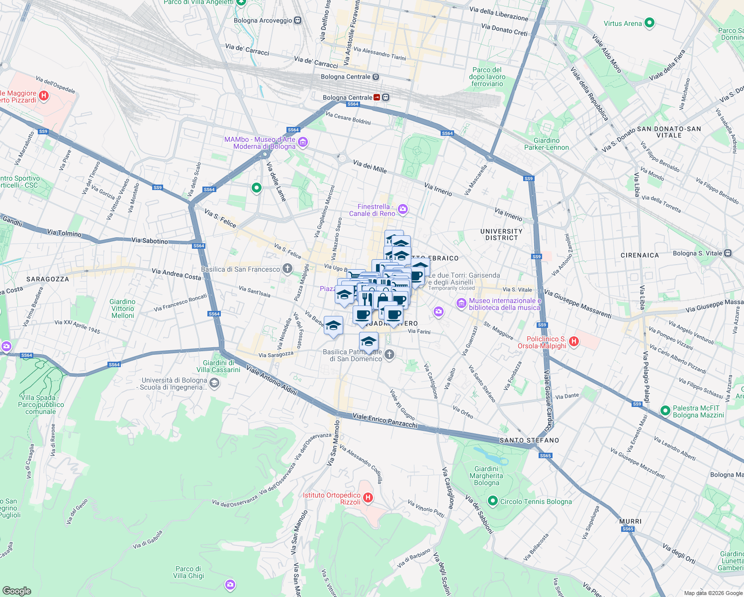 map of restaurants, bars, coffee shops, grocery stores, and more near 2 Via dell'Archiginnasio in Bologna