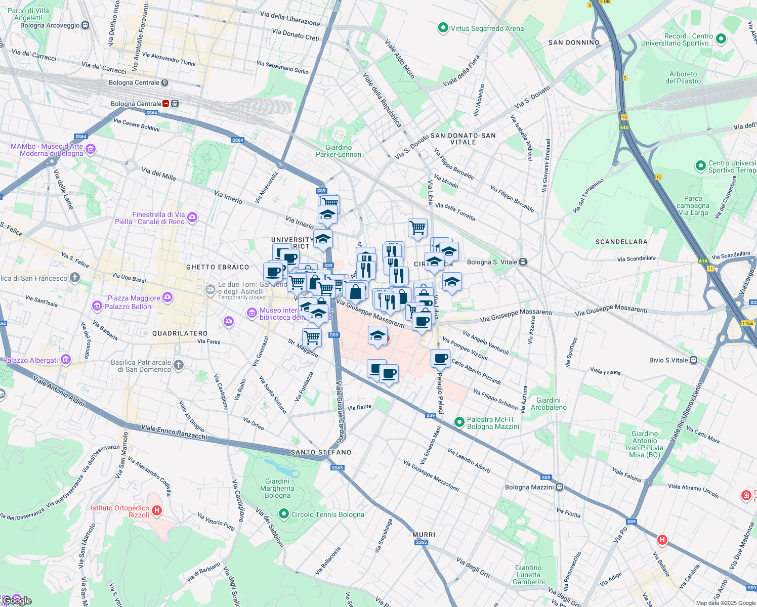 map of restaurants, bars, coffee shops, grocery stores, and more near 1 Via G. Zaccherini Alvisi in Bologna