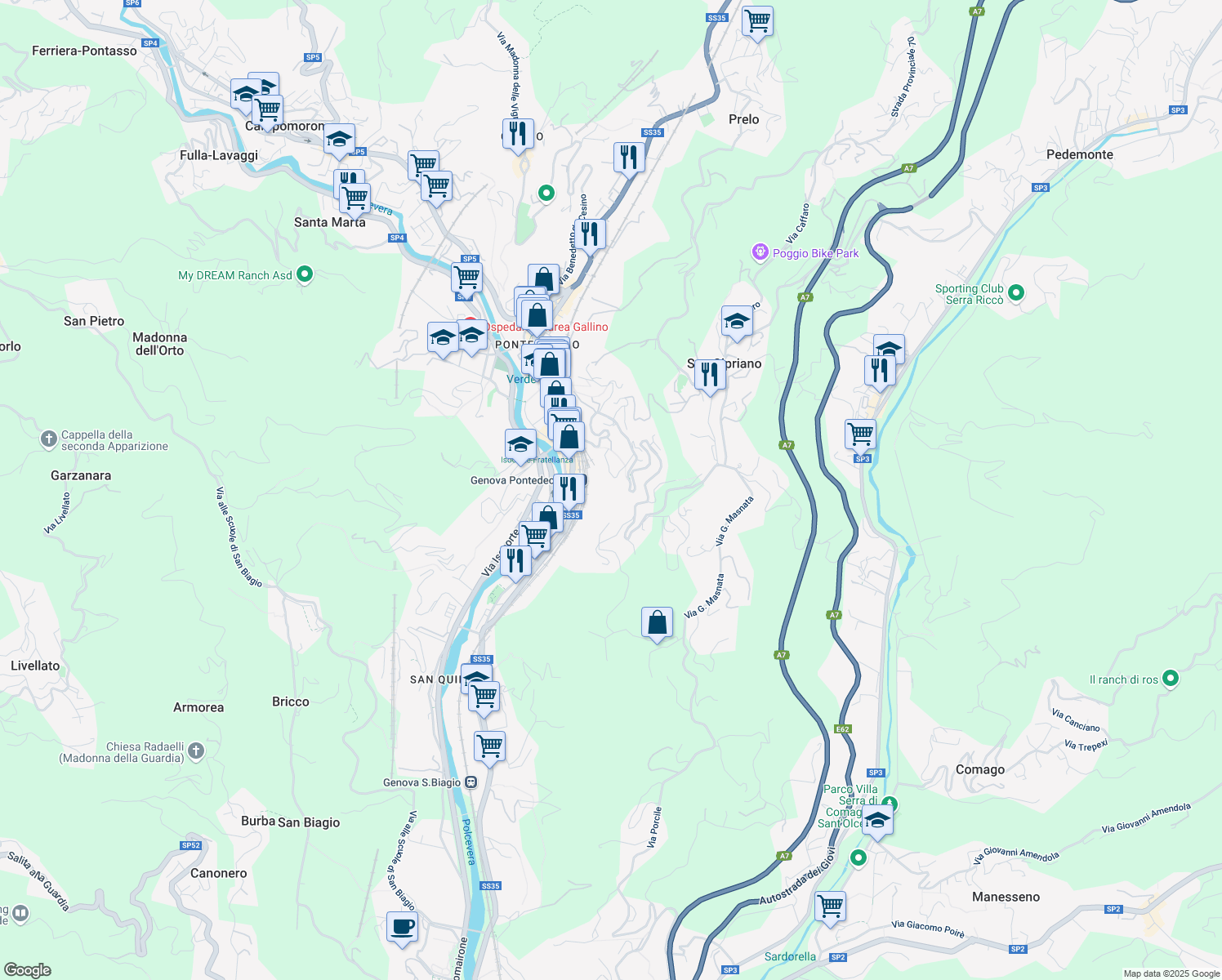 map of restaurants, bars, coffee shops, grocery stores, and more near 9 Salita Serra Riccò in Genova