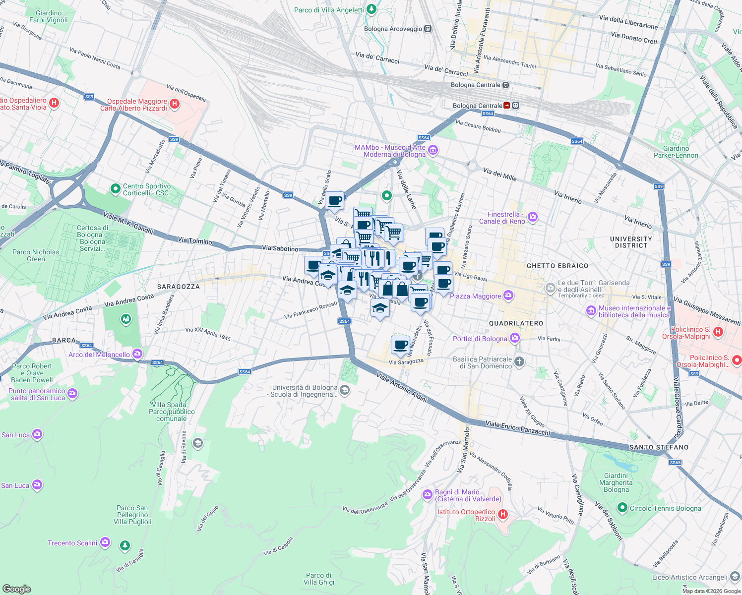 map of restaurants, bars, coffee shops, grocery stores, and more near 57 Via Sant'Isaia in Bologna