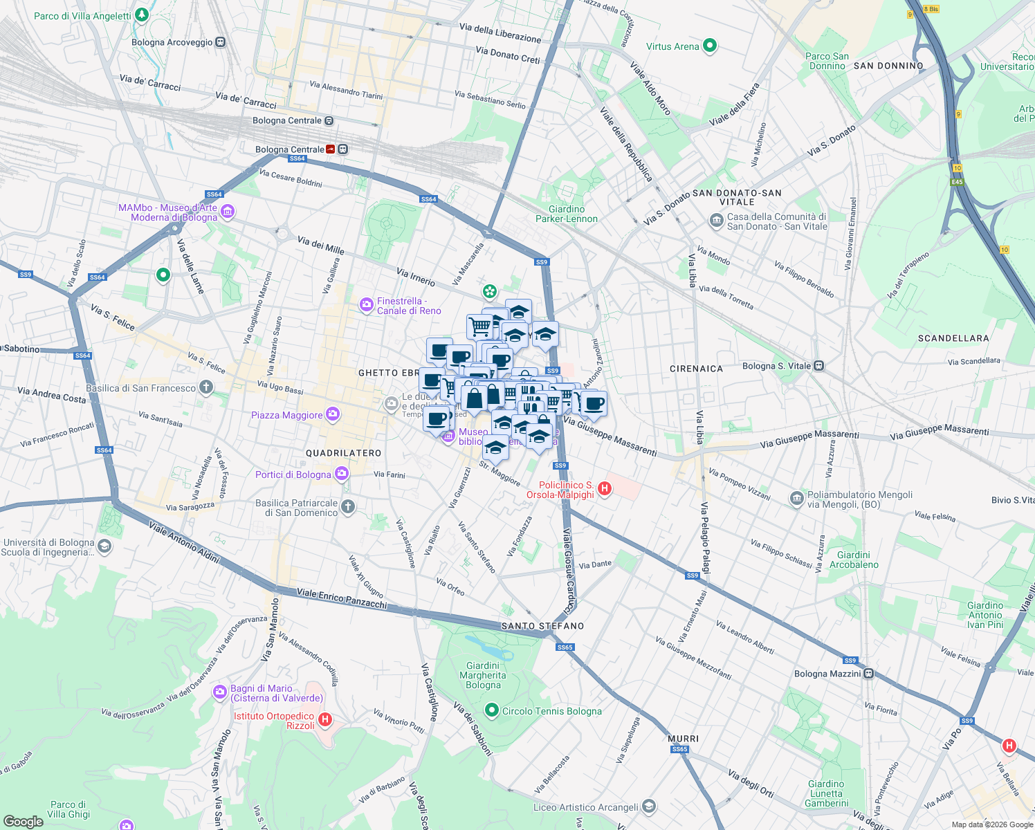 map of restaurants, bars, coffee shops, grocery stores, and more near 5-7 Via San Leonardo in Bologna