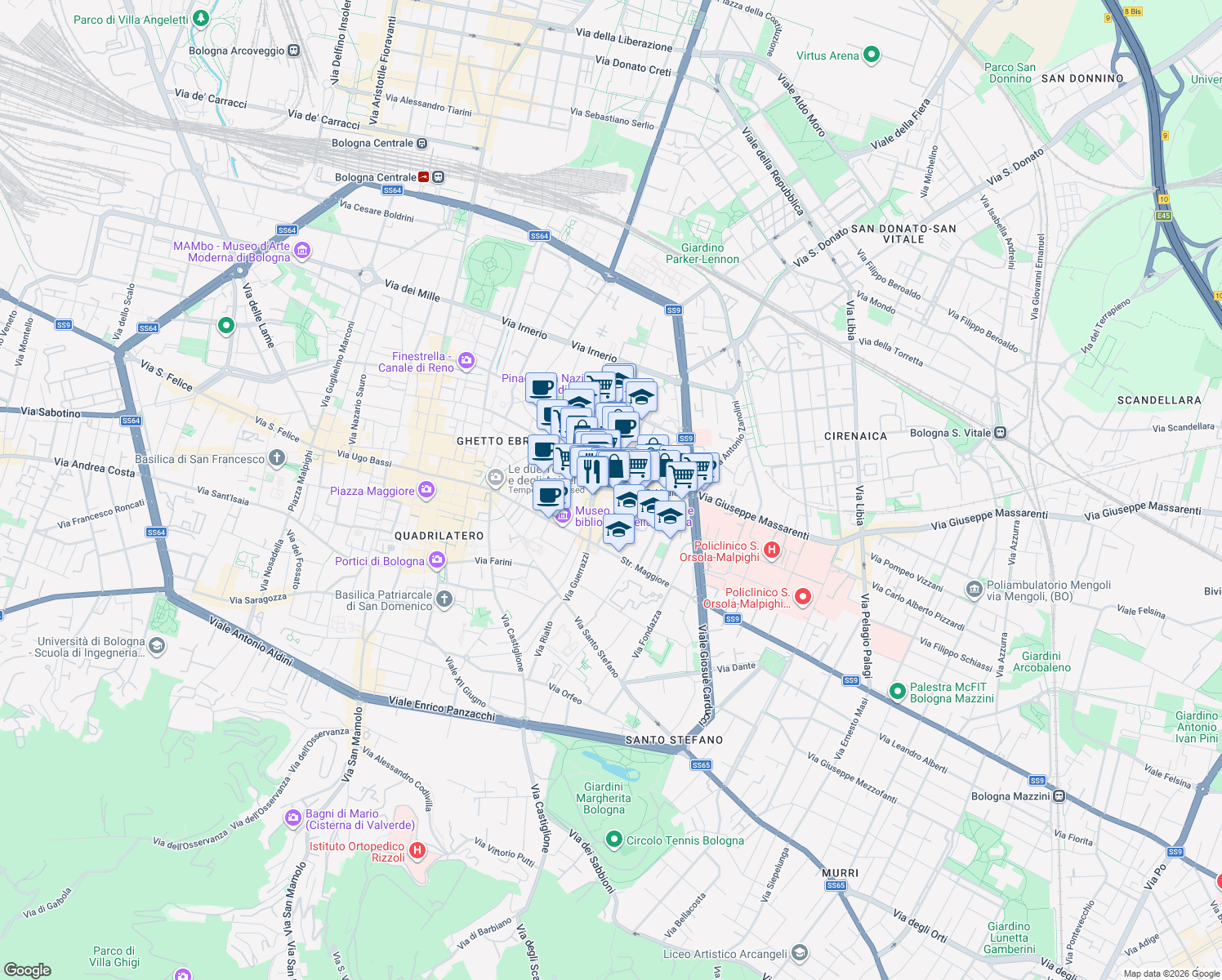 map of restaurants, bars, coffee shops, grocery stores, and more near 66 Via San Vitale in Bologna