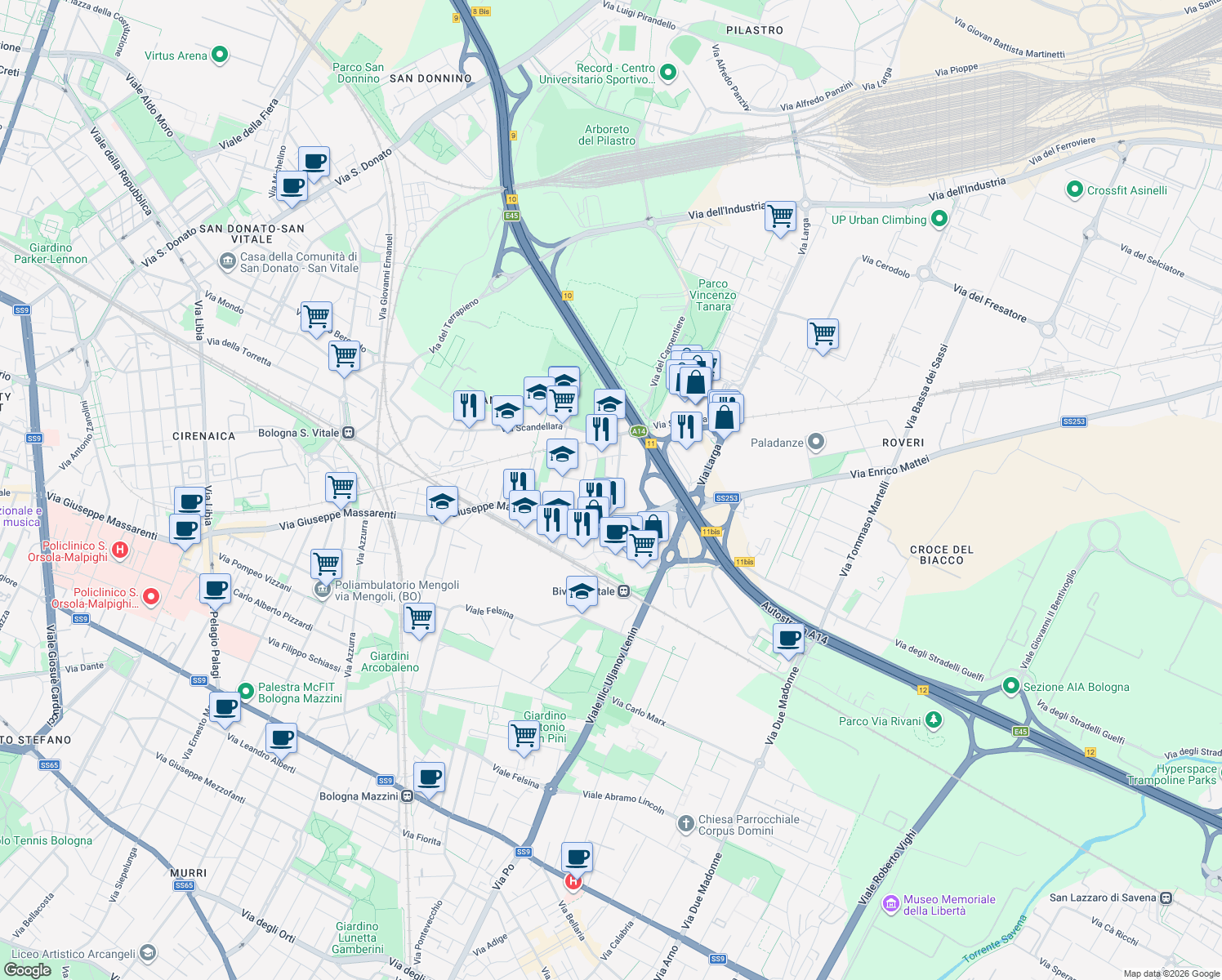 map of restaurants, bars, coffee shops, grocery stores, and more near 13 Via Luca della Robbia in Bologna