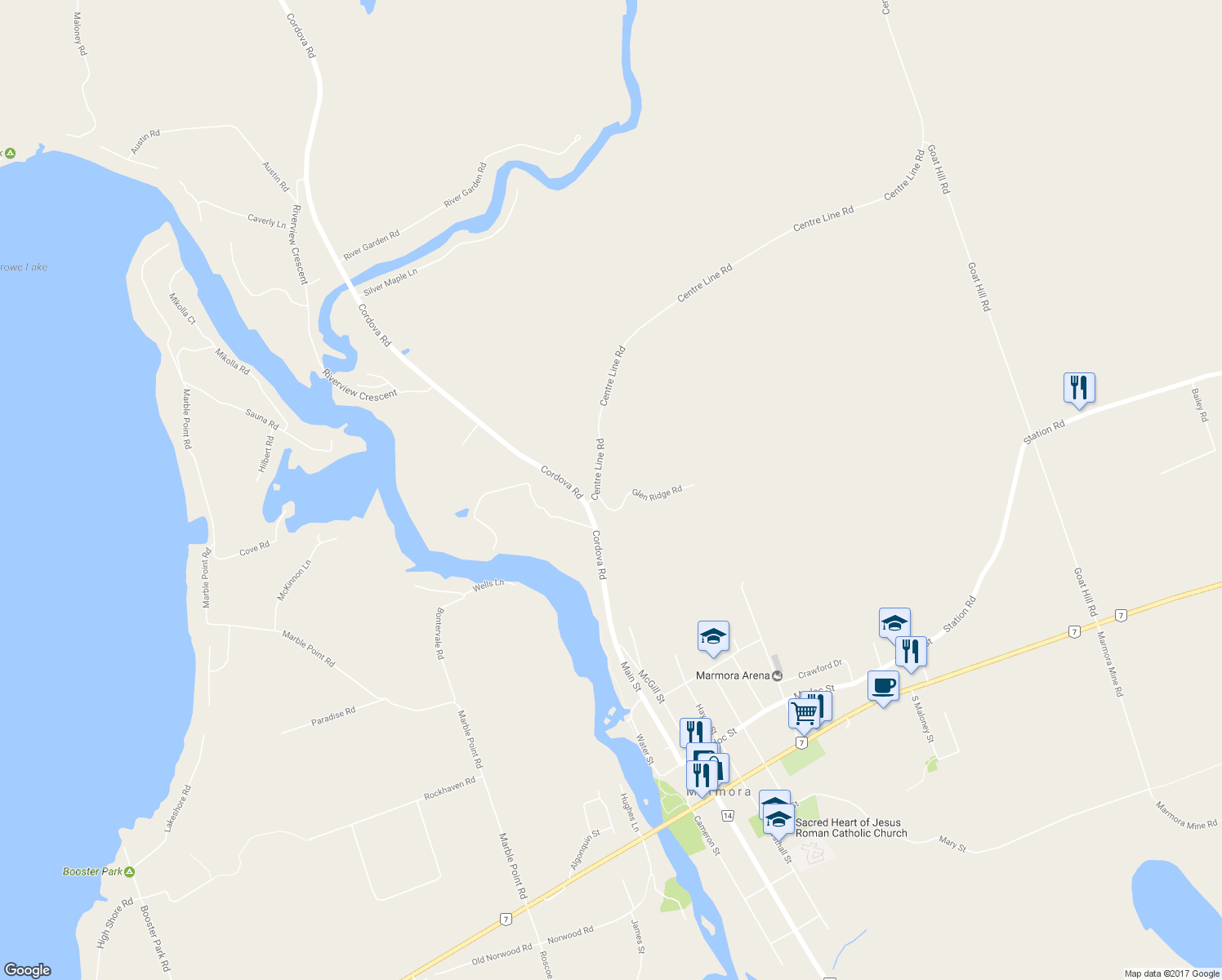 map of restaurants, bars, coffee shops, grocery stores, and more near 3 Glen Ridge Road in Marmora