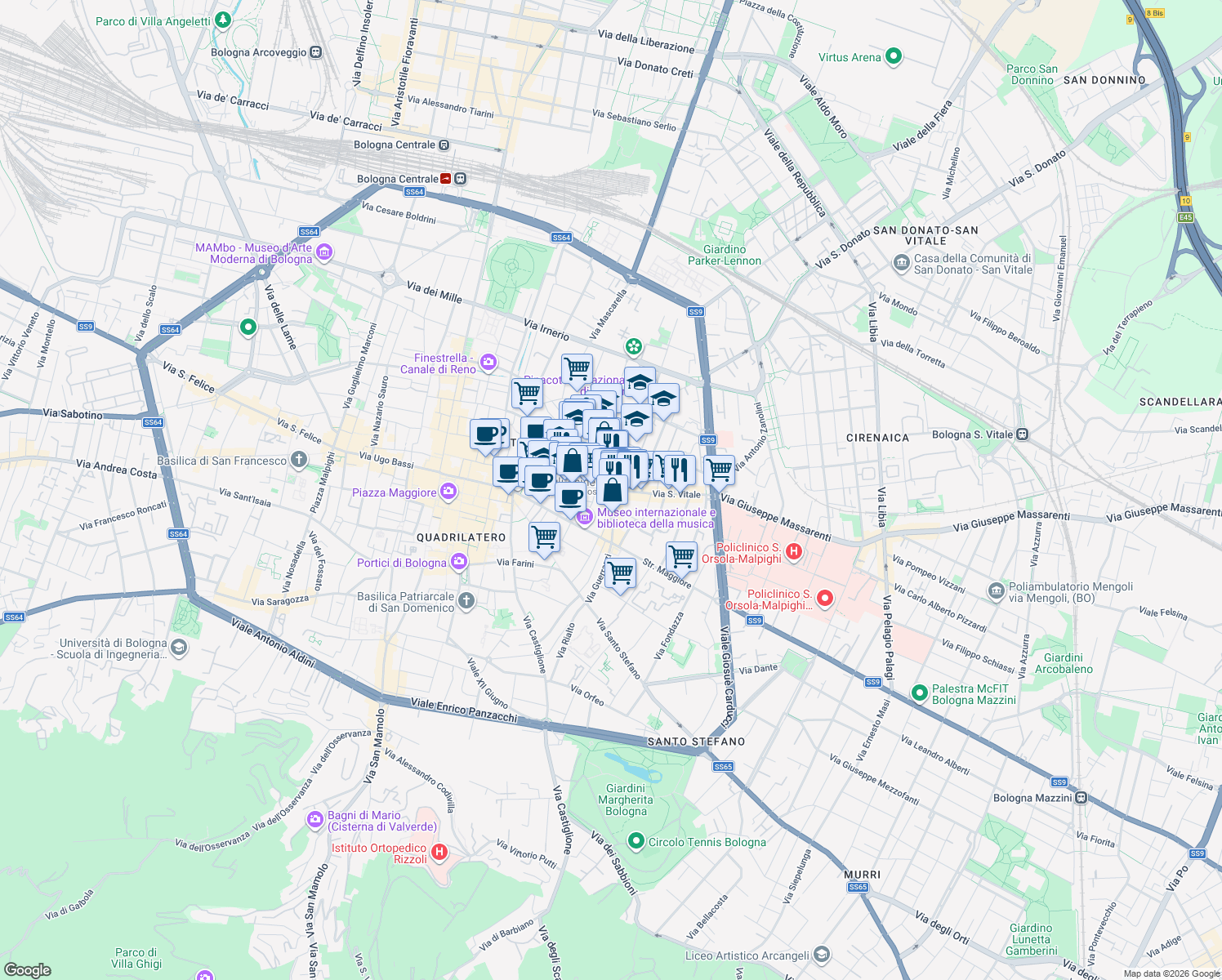 map of restaurants, bars, coffee shops, grocery stores, and more near 66 Via San Vitale in Bologna