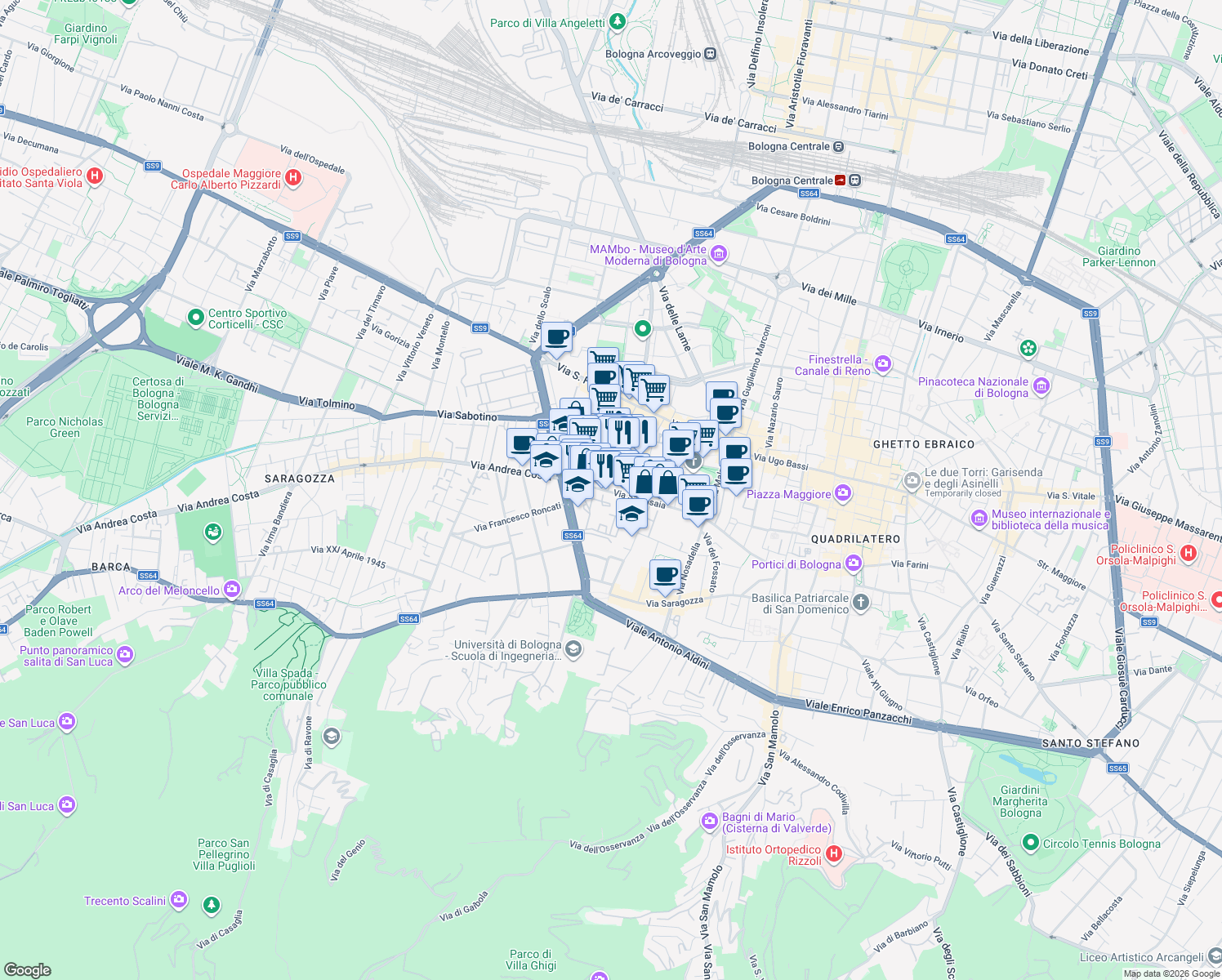 map of restaurants, bars, coffee shops, grocery stores, and more near 57 Via Sant'Isaia in Bologna