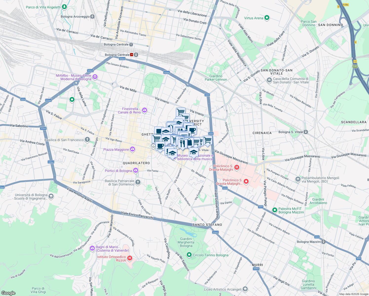 map of restaurants, bars, coffee shops, grocery stores, and more near 66 Via San Vitale in Bologna