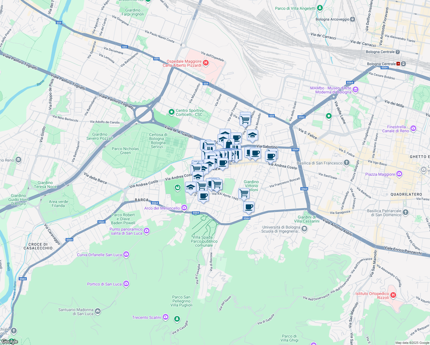 map of restaurants, bars, coffee shops, grocery stores, and more near 6 Via Giovanni Paolo Martini in Bologna