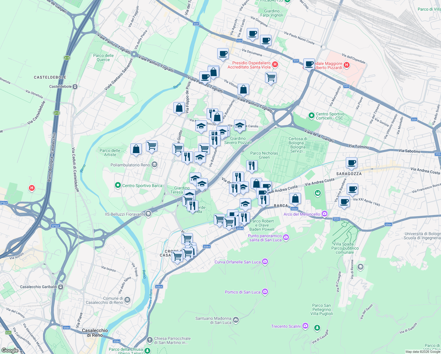 map of restaurants, bars, coffee shops, grocery stores, and more near 26-28 Via Saragat Giuseppe in Bologna