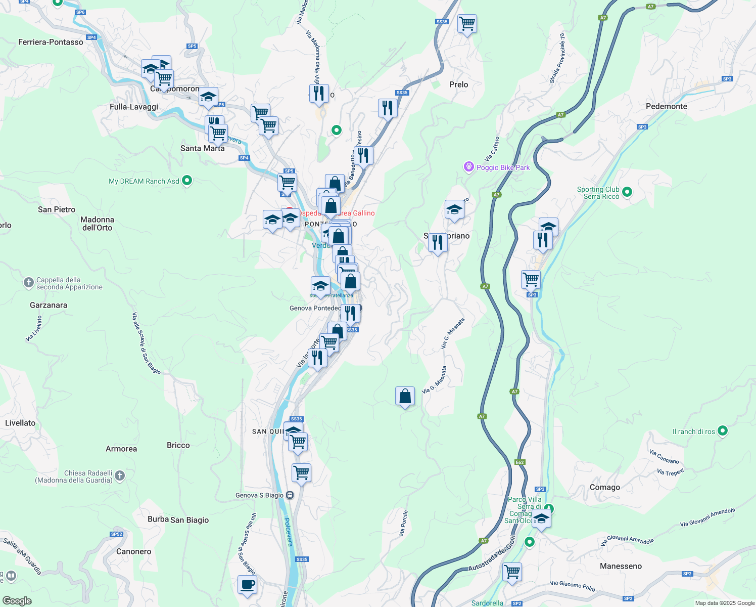 map of restaurants, bars, coffee shops, grocery stores, and more near 9 Salita Serra Riccò in Genova