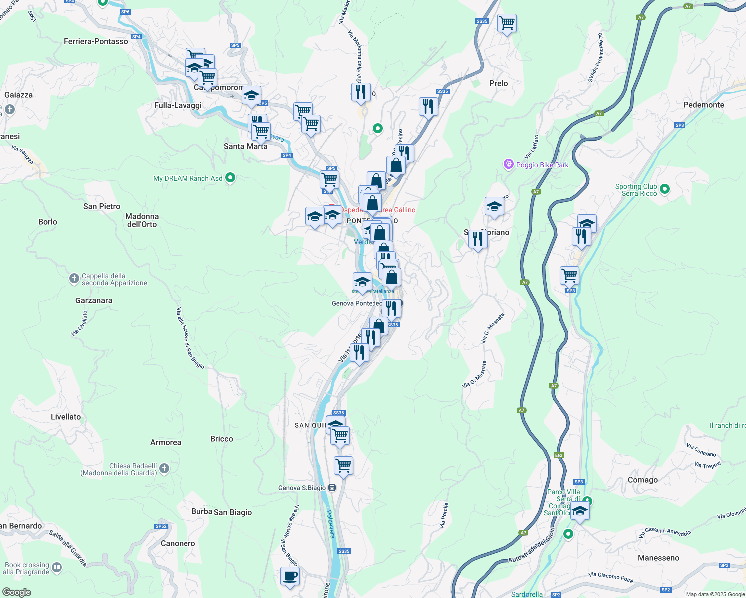 map of restaurants, bars, coffee shops, grocery stores, and more near Via delle Fonderie Grondona in Genoa