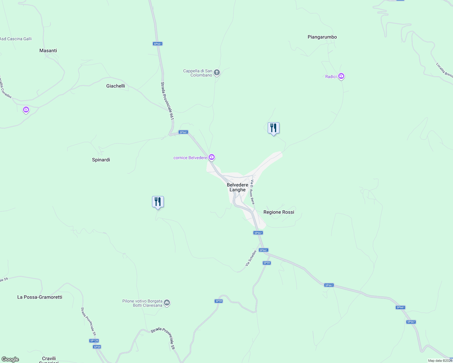 map of restaurants, bars, coffee shops, grocery stores, and more near 54 SP661 in Belvedere Langhe