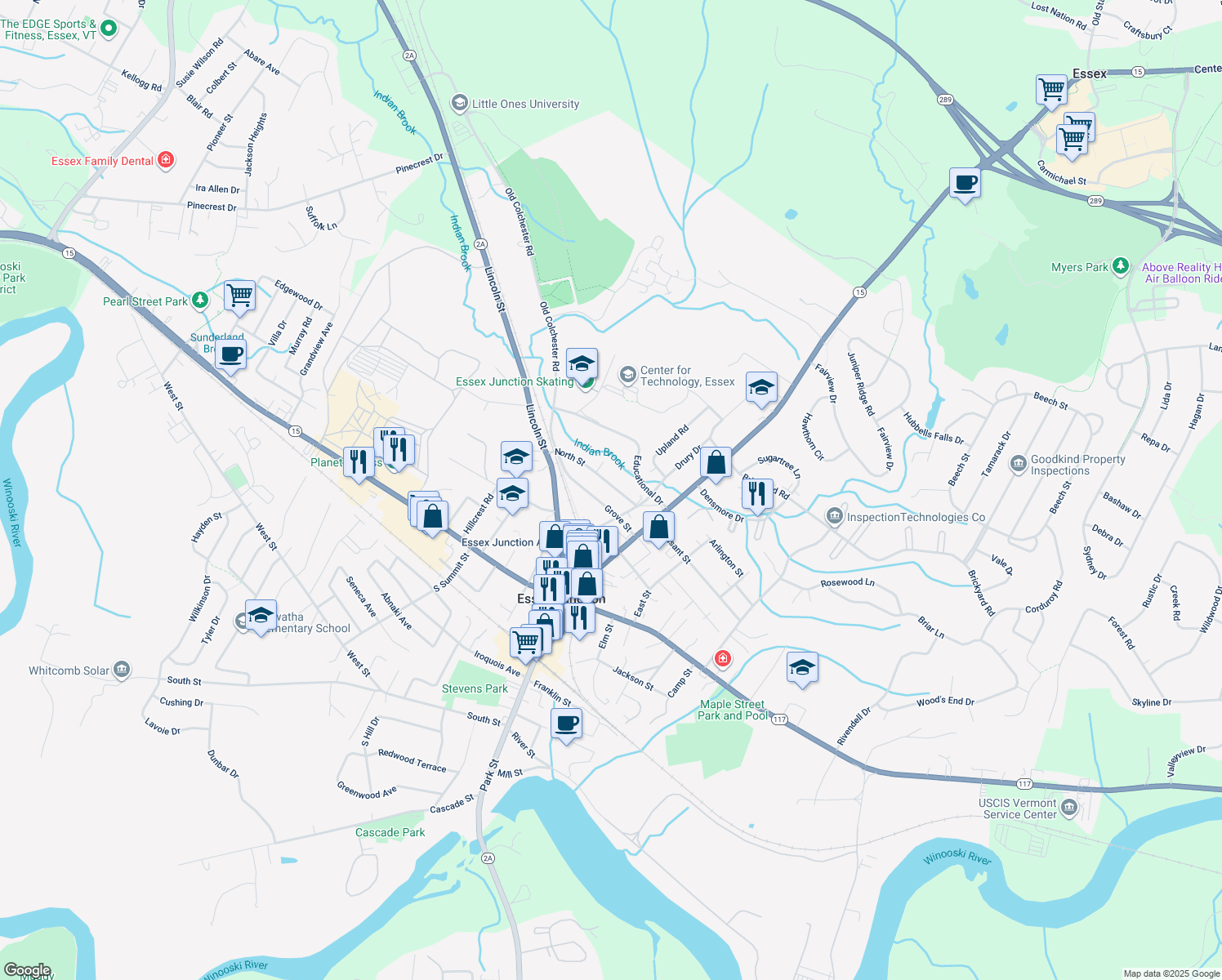 map of restaurants, bars, coffee shops, grocery stores, and more near 16 North Street in Essex