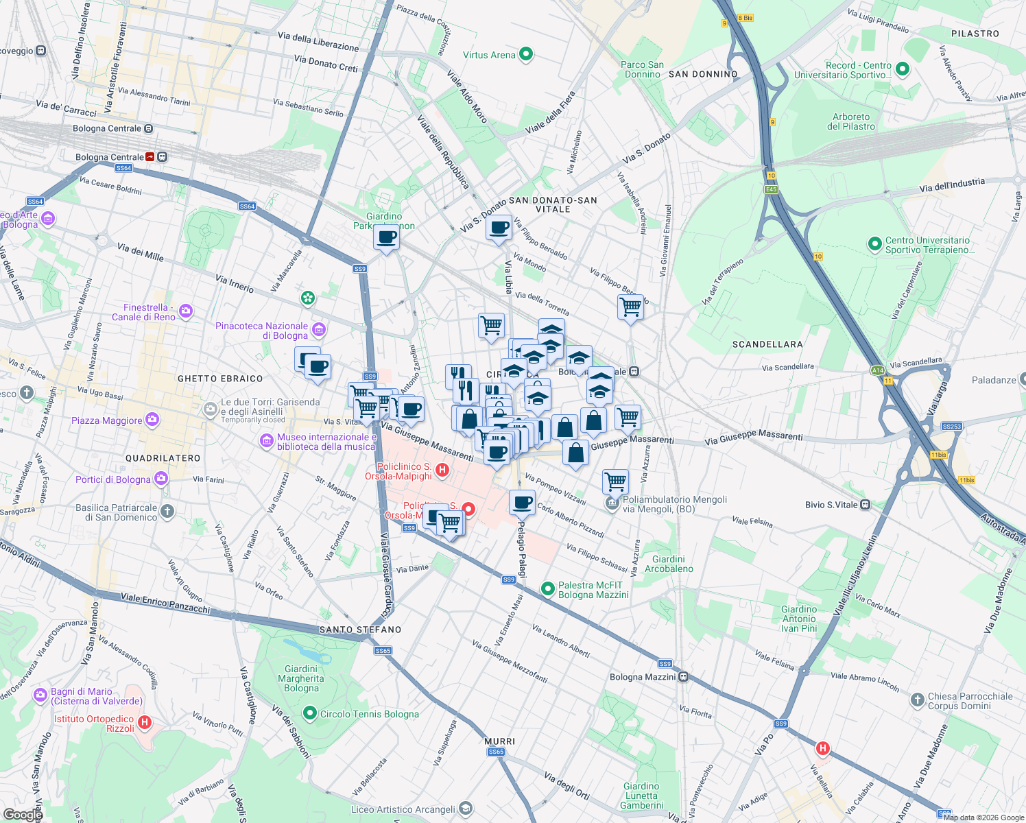 map of restaurants, bars, coffee shops, grocery stores, and more near 24 Via Gianni Palmieri in Bologna