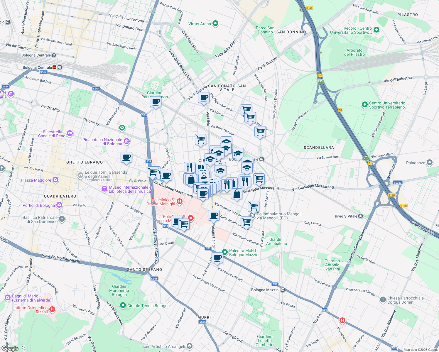 map of restaurants, bars, coffee shops, grocery stores, and more near 24 Via Gianni Palmieri in Bologna