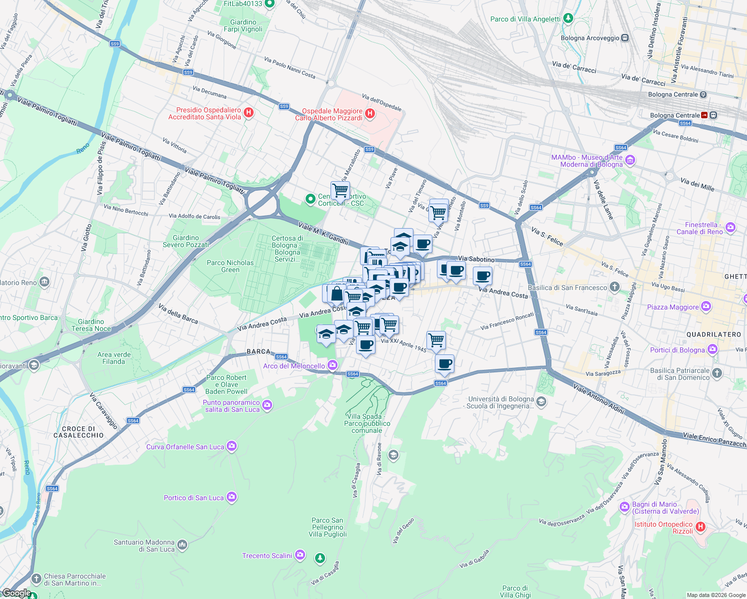 map of restaurants, bars, coffee shops, grocery stores, and more near 141 Via Andrea Costa in Bologna