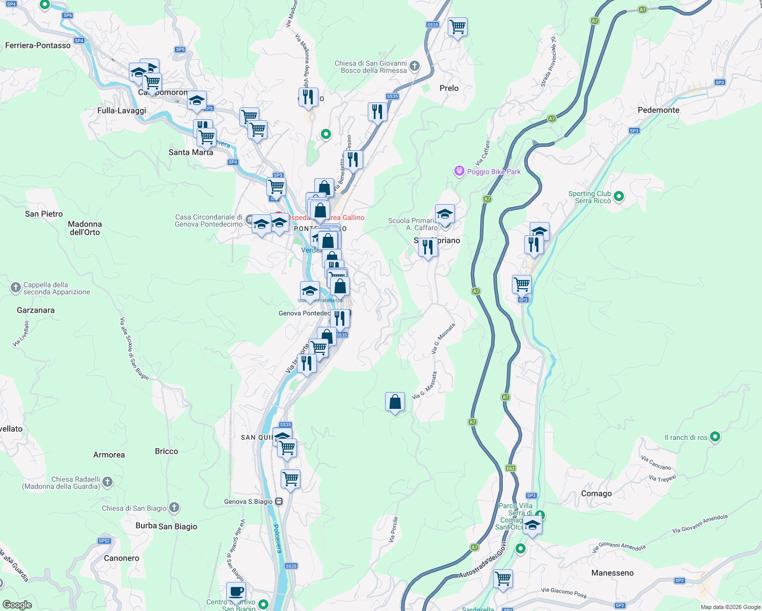 map of restaurants, bars, coffee shops, grocery stores, and more near 1 Via Domenico Carli in Genova