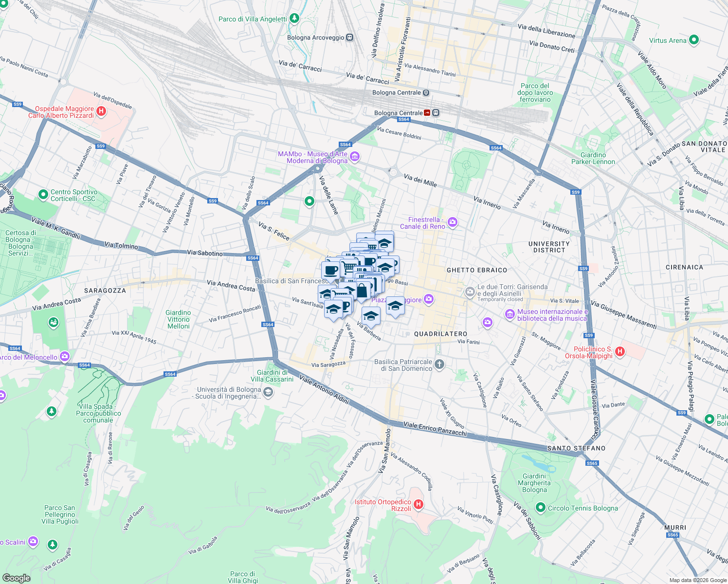 map of restaurants, bars, coffee shops, grocery stores, and more near 14 Piazza San Francesco in Bologna