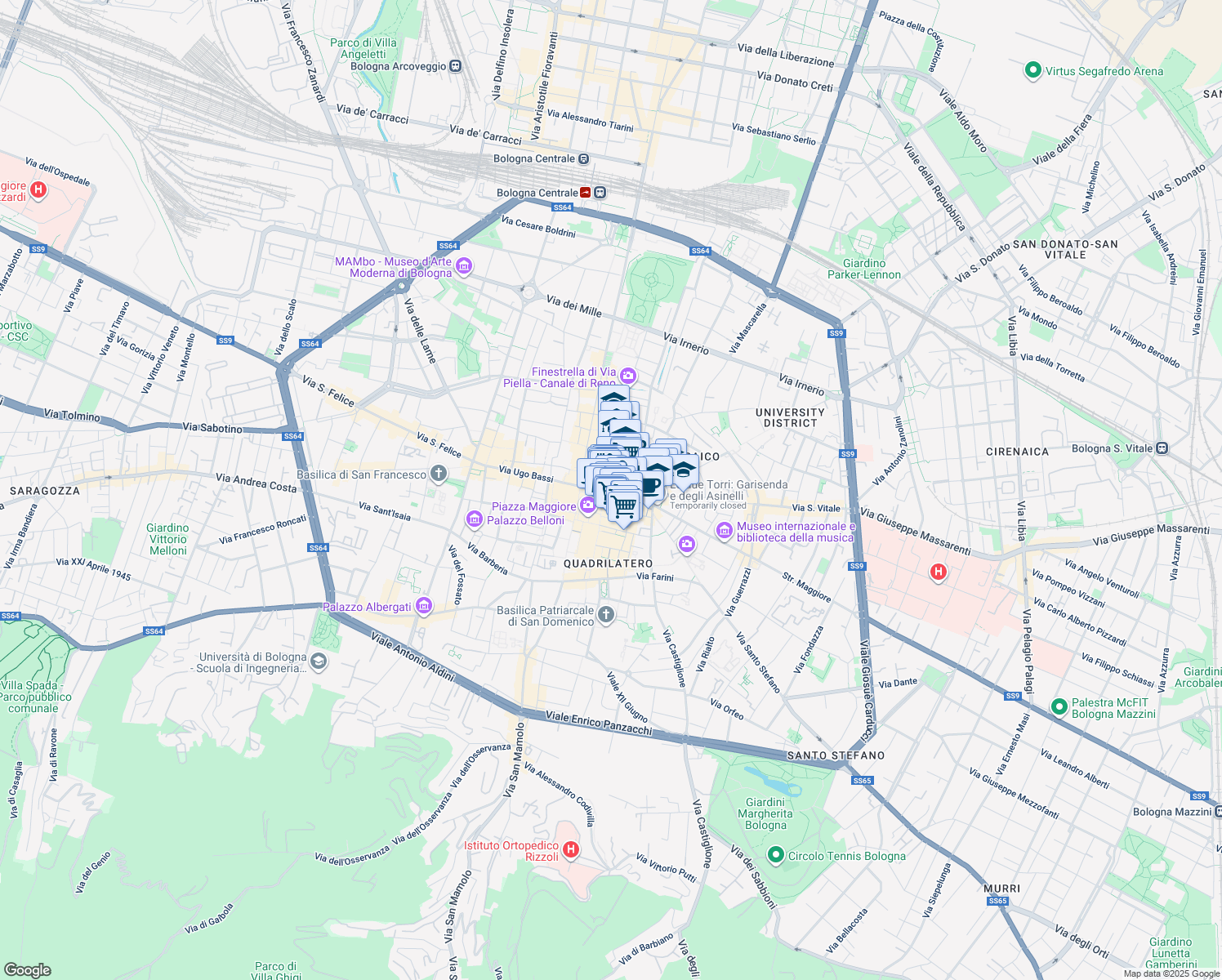 map of restaurants, bars, coffee shops, grocery stores, and more near 16 Via Rizzoli in Bologna