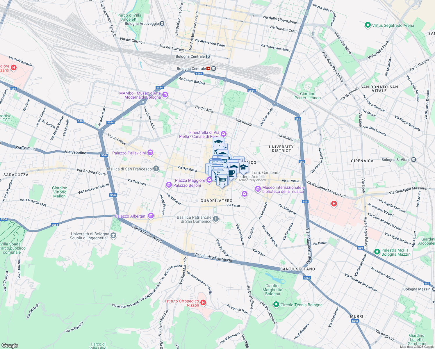map of restaurants, bars, coffee shops, grocery stores, and more near 16 Via Rizzoli in Bologna