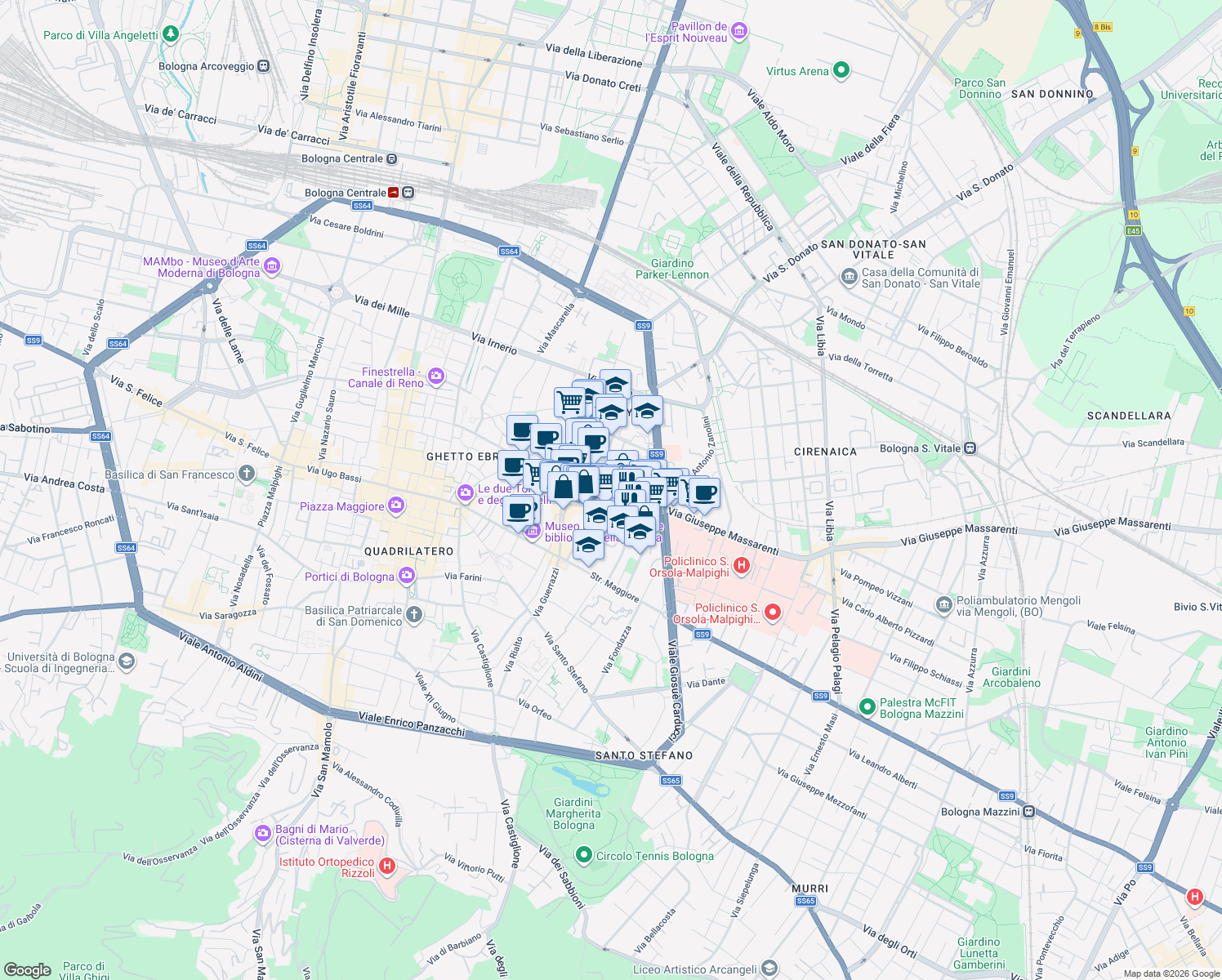 map of restaurants, bars, coffee shops, grocery stores, and more near 5 Via Sant'Apollonia in Bologna