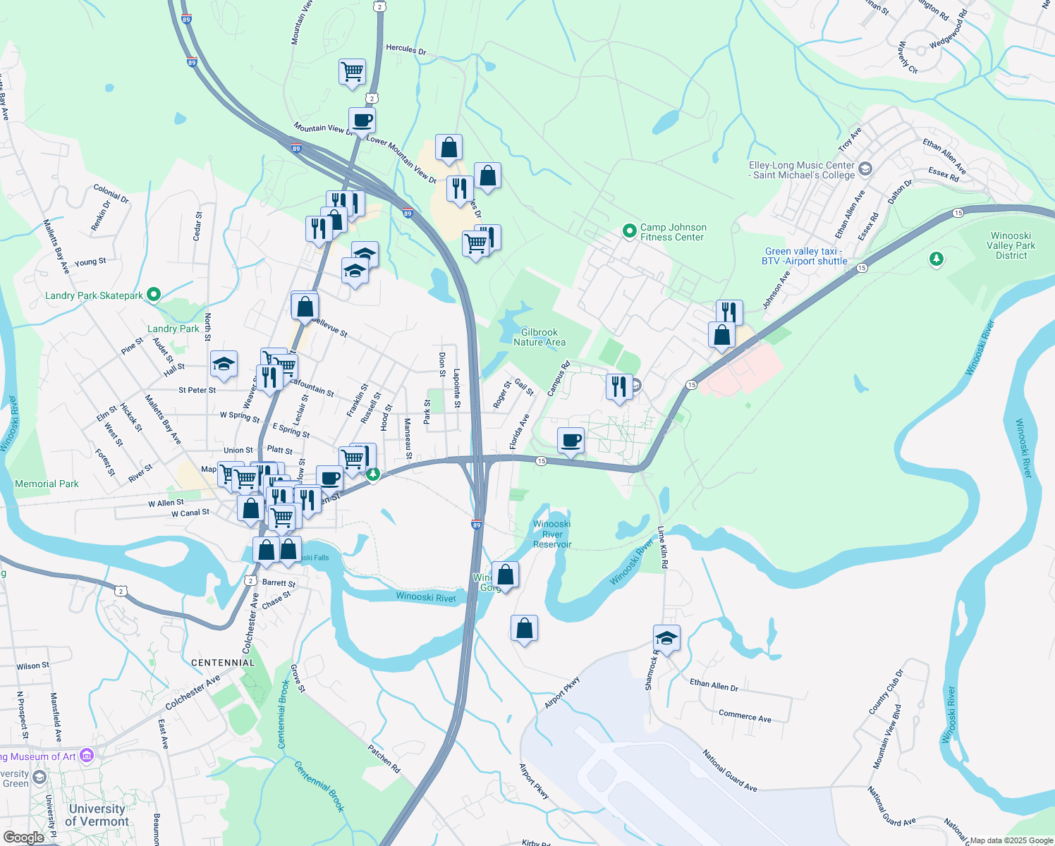 map of restaurants, bars, coffee shops, grocery stores, and more near 9 Florida Avenue in Winooski