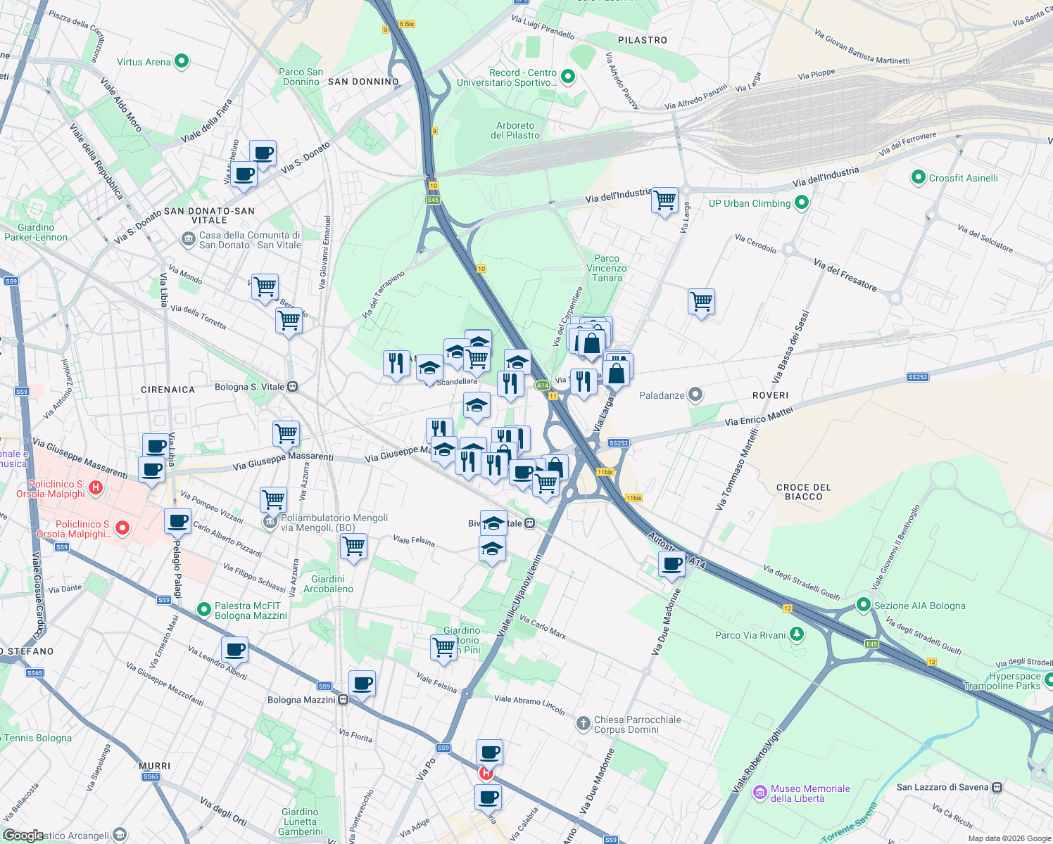 map of restaurants, bars, coffee shops, grocery stores, and more near 13 Via Luca della Robbia in Bologna