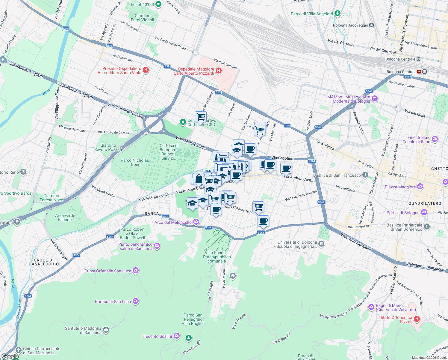 map of restaurants, bars, coffee shops, grocery stores, and more near 141 Via Andrea Costa in Bologna