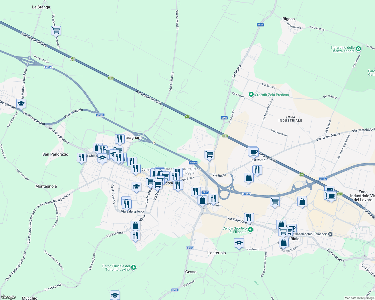 map of restaurants, bars, coffee shops, grocery stores, and more near 4A Via Adelfo Maccaferri in Città Metropolitana di Bologna