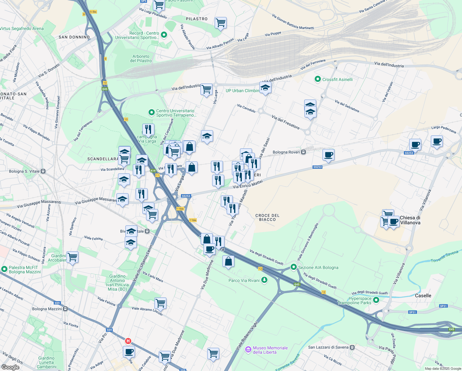 map of restaurants, bars, coffee shops, grocery stores, and more near 18 Via Enrico Mattei in Bologna