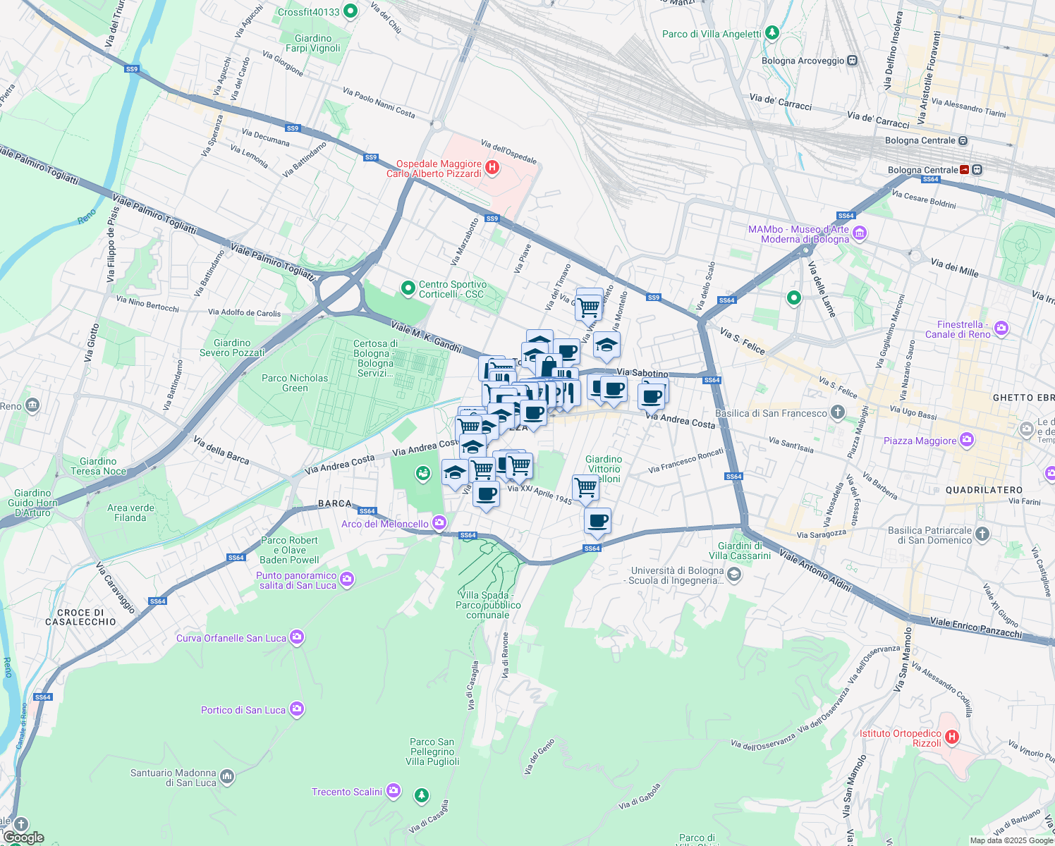map of restaurants, bars, coffee shops, grocery stores, and more near 6 Via Giovanni Paolo Martini in Bologna