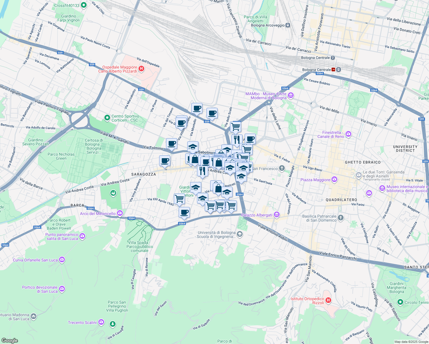 map of restaurants, bars, coffee shops, grocery stores, and more near 9-17 Via Alessandro Guidotti in Bologna